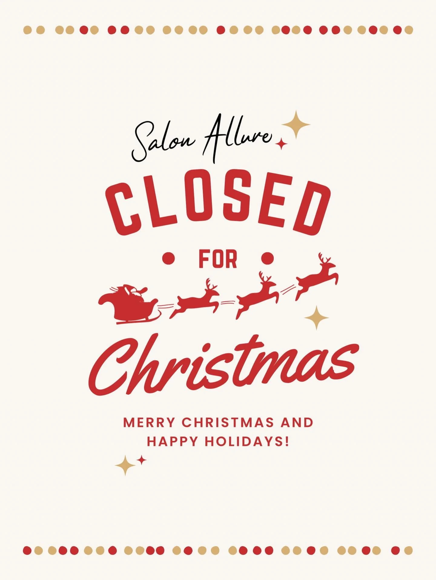 🎄✨ Holiday Closure Notice ✨🎄
Salon Allure will be closed tomorrow through Sunday for the Christmas holiday.
We will return to work on Monday and can&rsquo;t wait to see you then!
We wish everyone a safe and very merry Christmas 🤍🎁
&mdash; Salon A