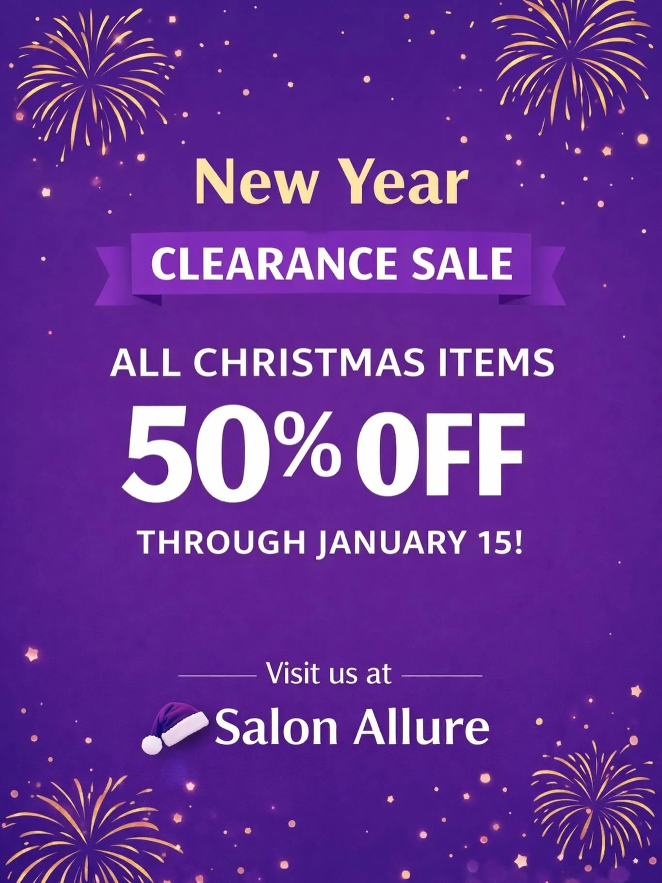 New year, same great deals&hellip; but make it sparkly ✨🎄
All Christmas items are 50% OFF through Jan 15 &mdash; come snag the goodies you&rsquo;ve been eyeing before they&rsquo;re gone! 💜
Shop, save, &amp; start the year feeling festive 🥰
#SalonA