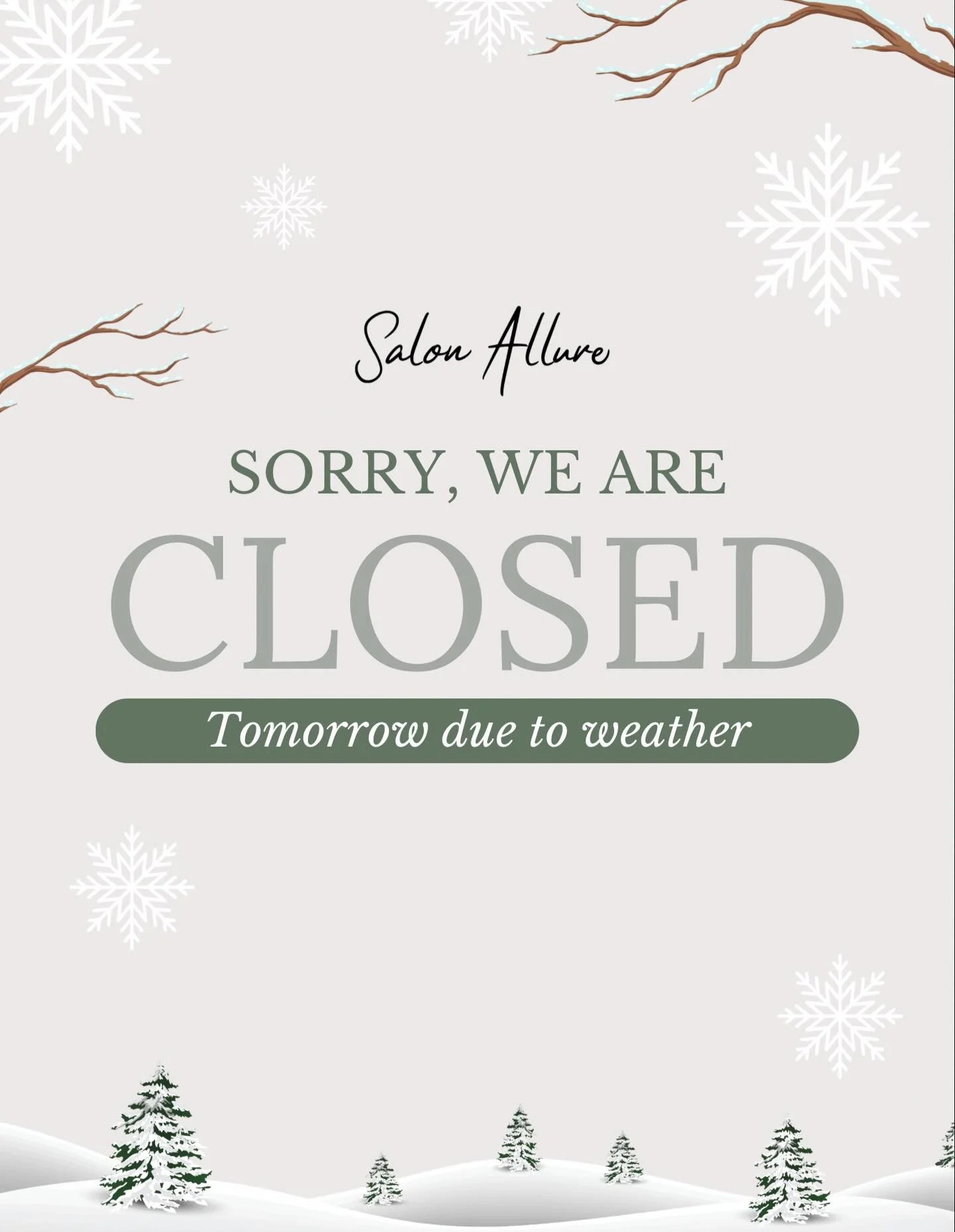 Due to the weather, Salon Allure will be closed tomorrow. Your safety (and ours) comes first 🤍 Stay cozy and we&rsquo;ll be back soon!