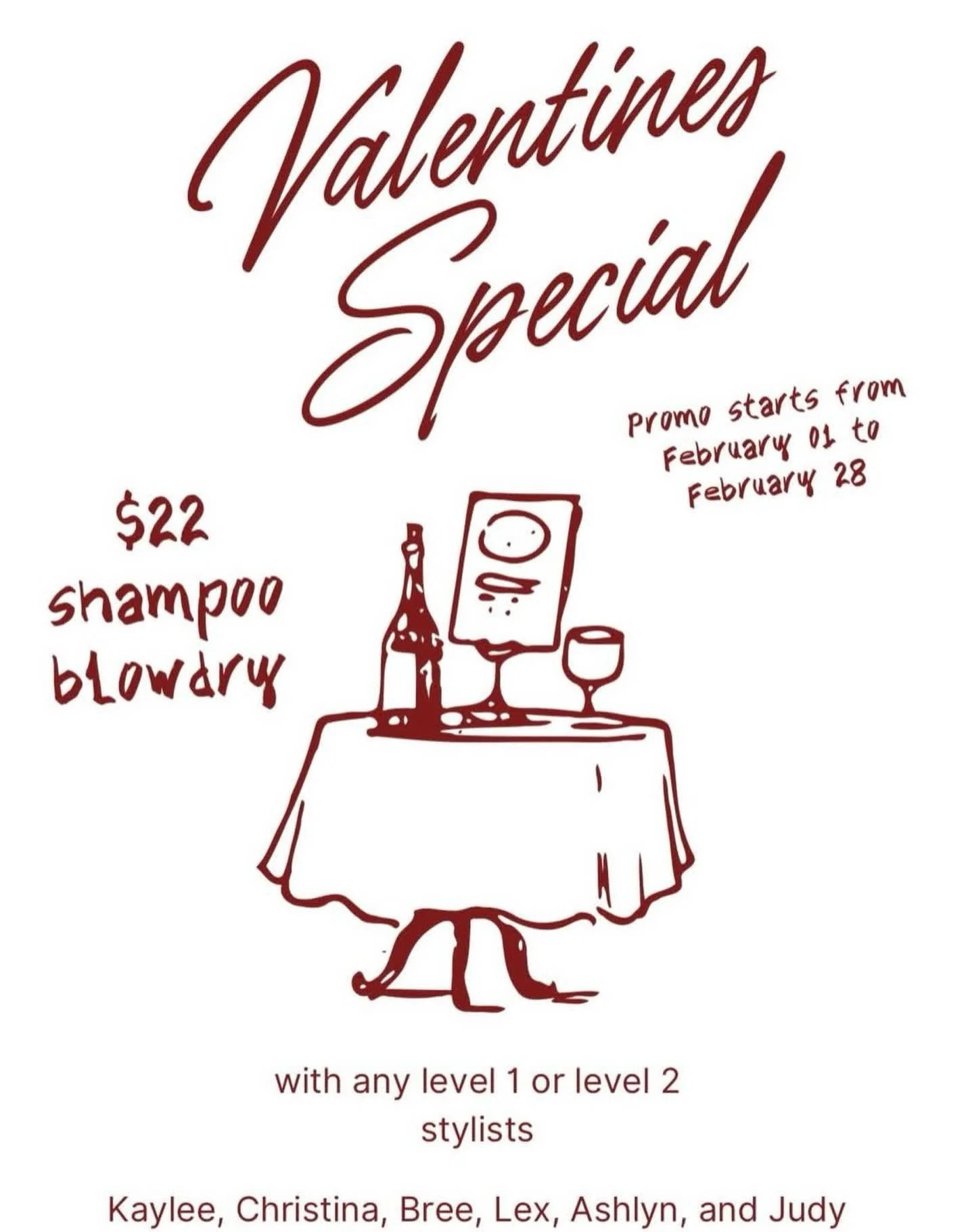 Valentine&rsquo;s plans? We&rsquo;ve got you covered 💖
Treat yourself to a $22 shampoo &amp; blowdry with any Level 1 or Level 2 stylist.
Available February 1&ndash;28! Book now ✨
Contact information in bio
&bull;
&bull;
&bull;
#salonallure #huntsvi