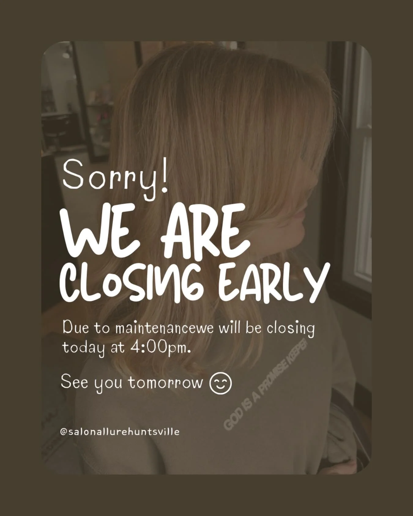 Quick heads up ✨
We&rsquo;re closing early today at 4 PM for maintenance.
We appreciate you &amp; can&rsquo;t wait to see you tomorrow! 🤍