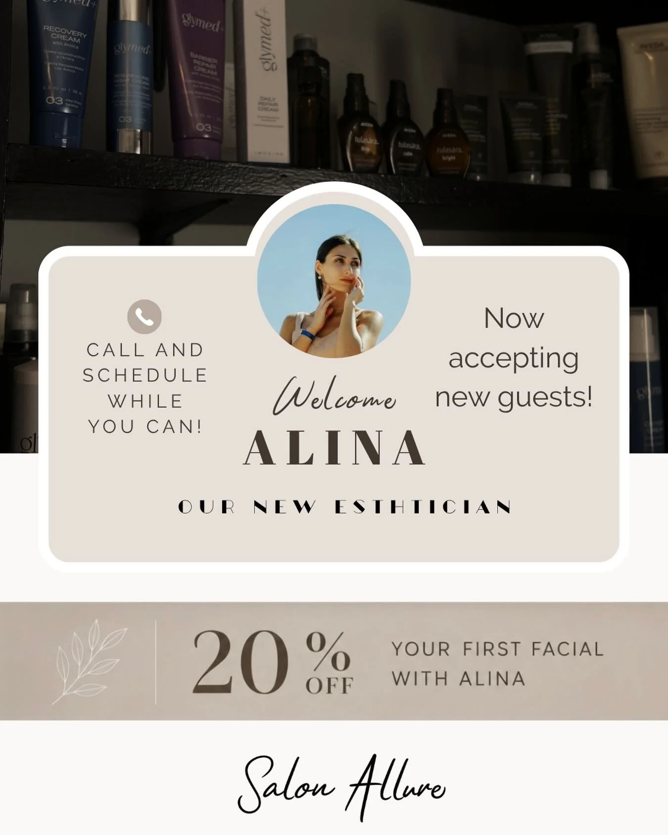 Help us welcome Alina, our newest Esthetician, to the Salon Allure team! She is now accepting new guests &amp; we couldn&rsquo;t be more excited to have her. 🤍

For a limited time, enjoy 20% OFF your first facial with Alina! Call to book your appoin