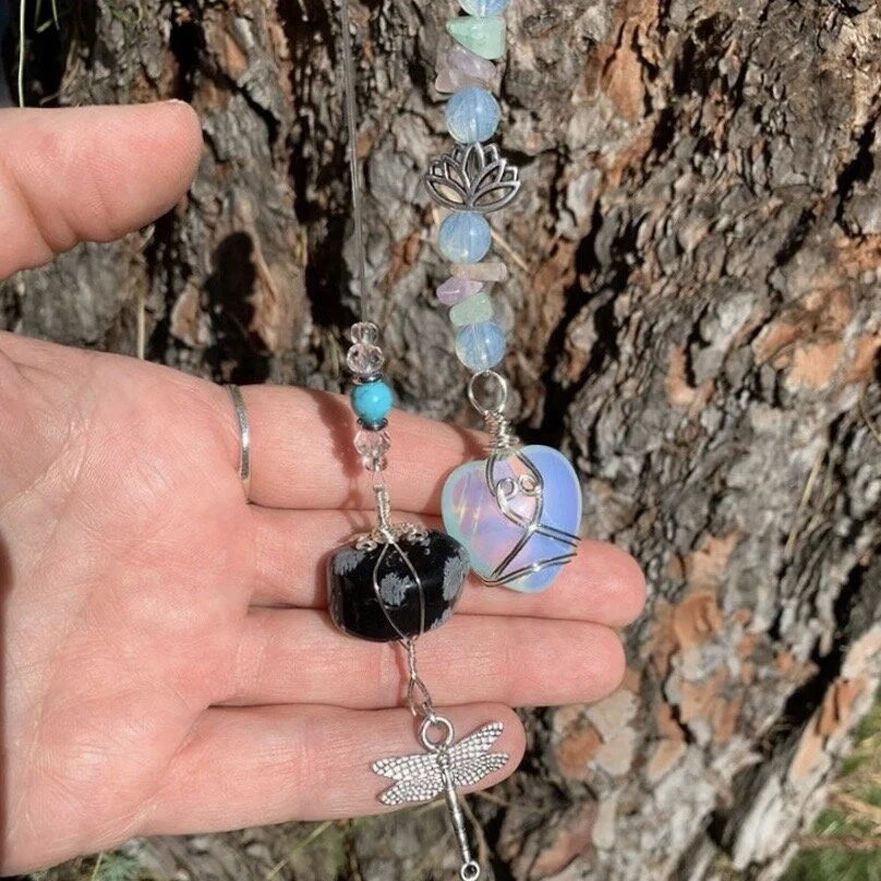 2. Snowflake obsidian w/turquoise bead (left), opalite heart w/gemstone chip beads and opalite beads (right)