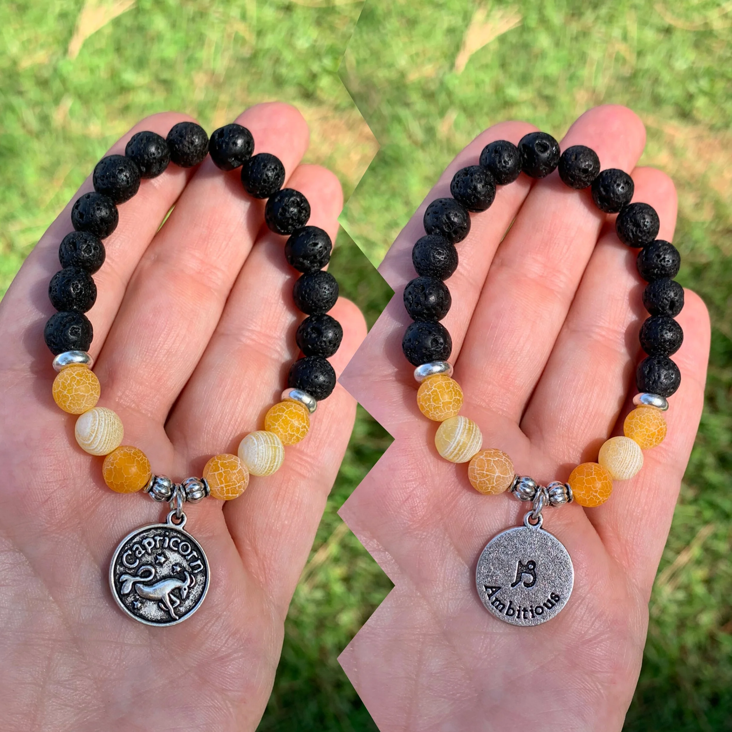 34. Orange dyed frosted agate, lava rock, choice of zodiac charm | $15.00