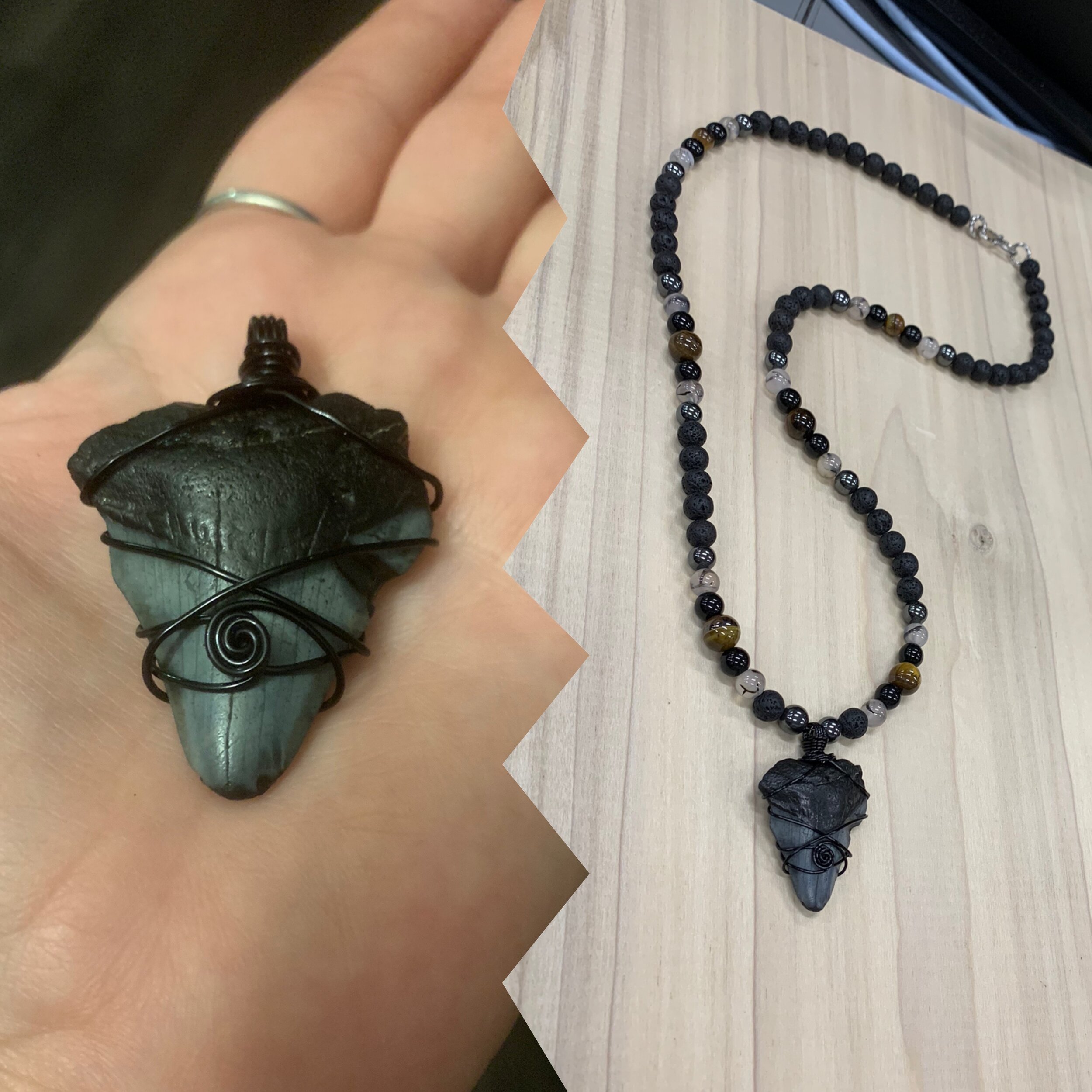 7. Wrapped megladon tooth with lava rock, dragon vein agate, black glass beads and hematite beads