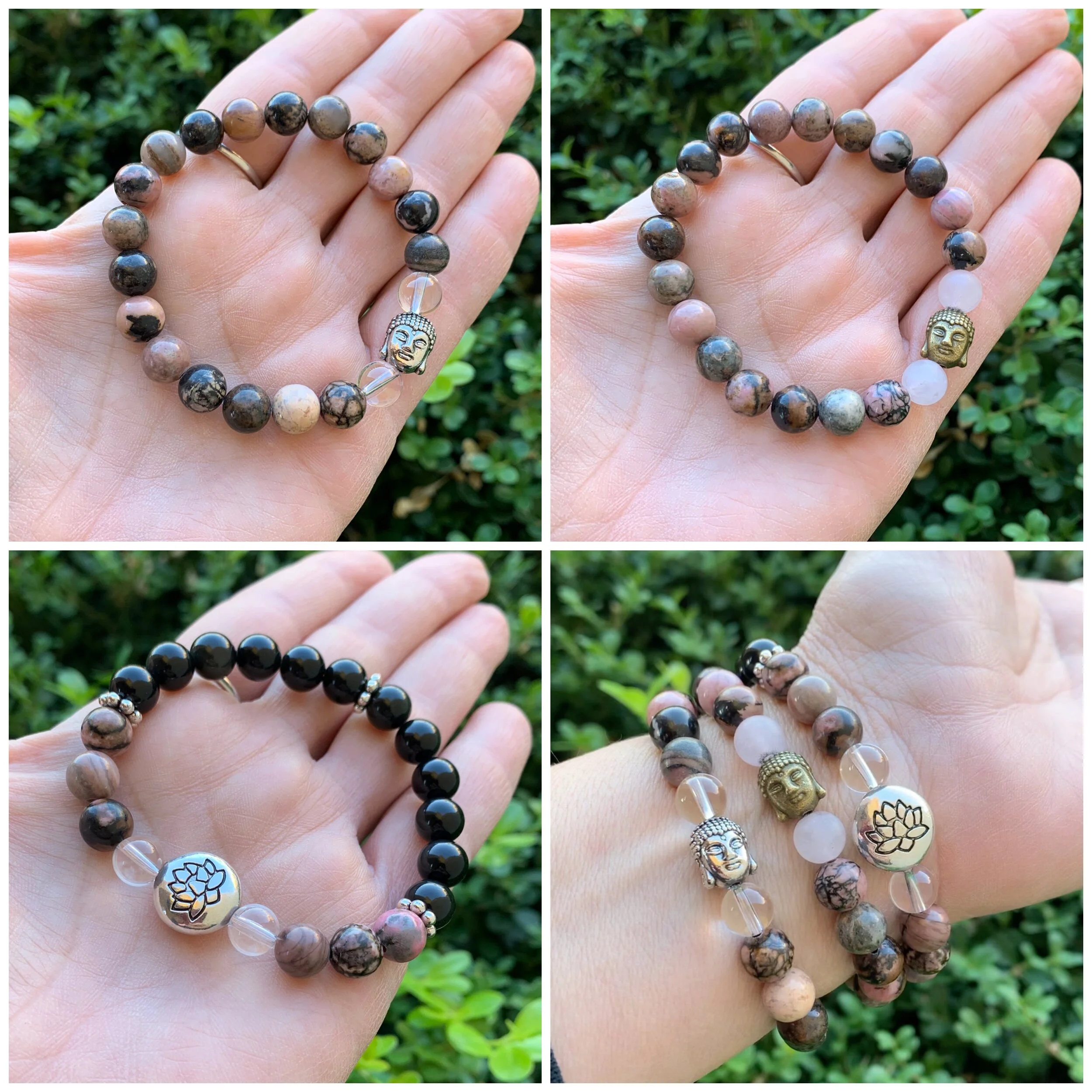 35. Rhodonite, frosted rose quartz and obsidian