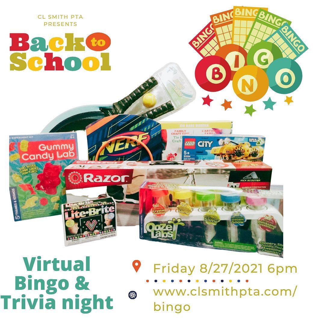 We are so excited for our first BINGO Night of the new school year.  Are you????

Welcome Back Bingo is this Friday, August 27th at 6pm via Zoom.

Have you registered yet?  Don't worry there is still plenty of time.  Link is in our profile to registe