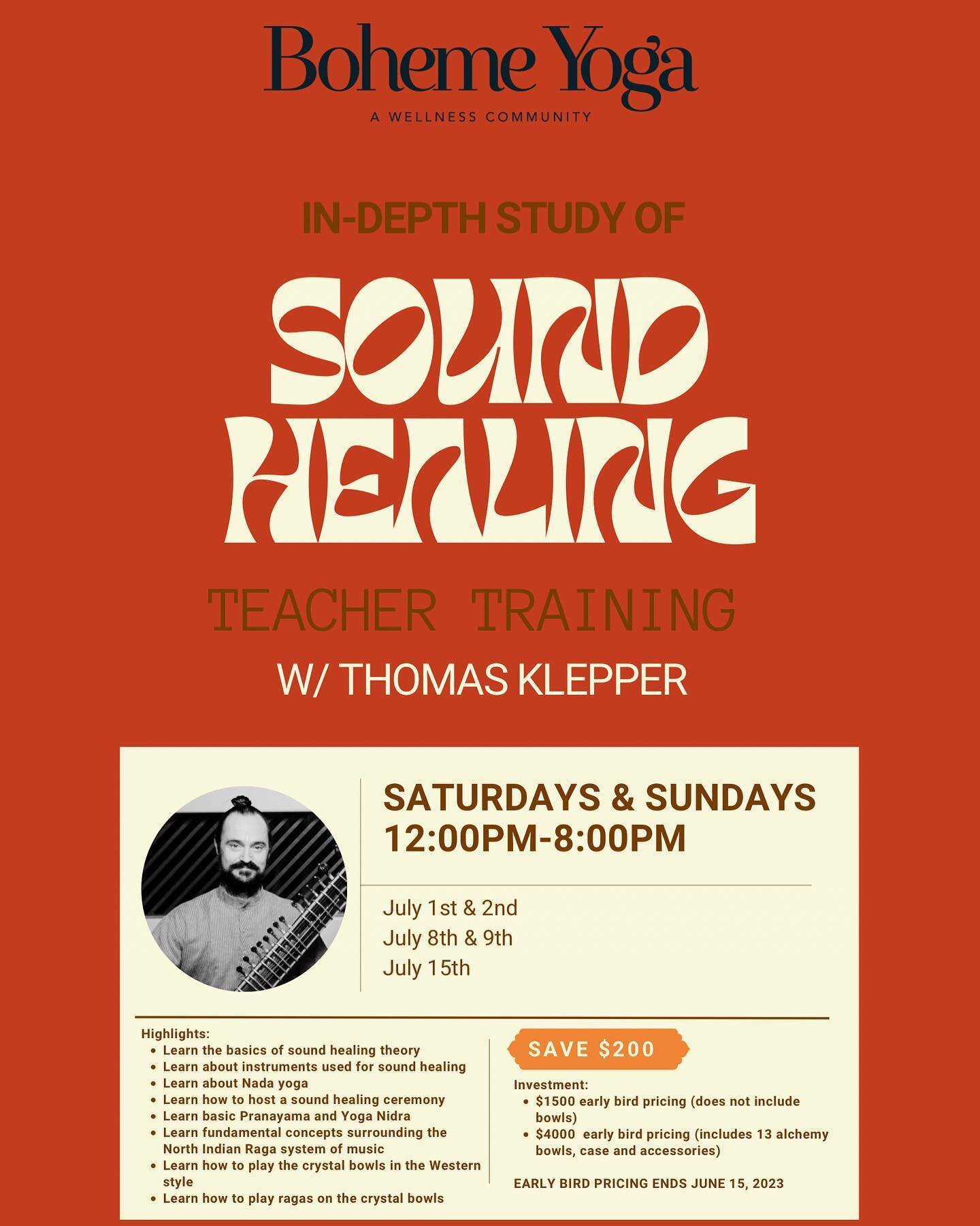 Sound Healing Teacher Training

Learn How Sound can Balance &amp; Heal, How to Run Your Own Sound Healing Sessions &amp; Play Sound Bowls with Thomas Klepper. 

Schedule 
July 1st &amp; 2nd 
July 8th &amp; 9th 
July 15th 

Time: 12 pm-8 pm  Course 


