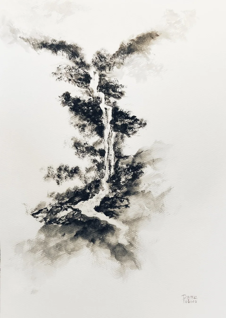 "Waterfall 12/25/25" Acrylic on 11"x17" watercolor paper - Sold -Reproduction is available.