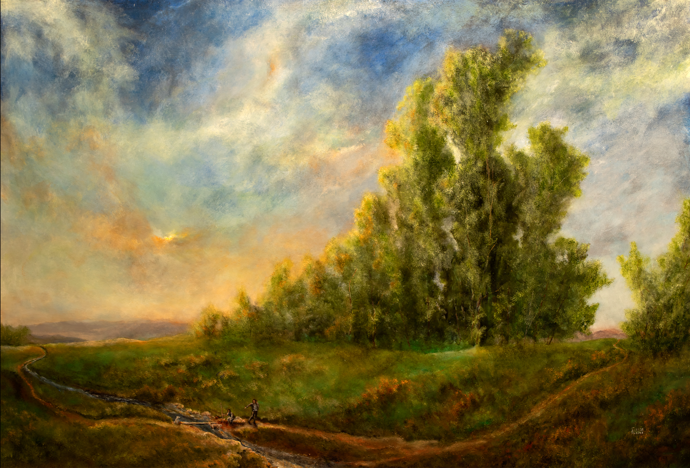 "Two Boys and Two Dogs", (35 inches x 24 inches, Oil on archival gesso board. - Sold (metal reprint is available)