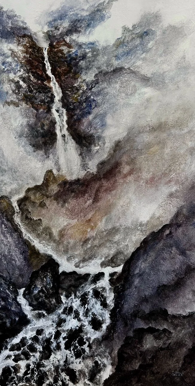 "Waterfall 12/25/25" Acrylic on 12"x36" 
 canvas- Sold.
