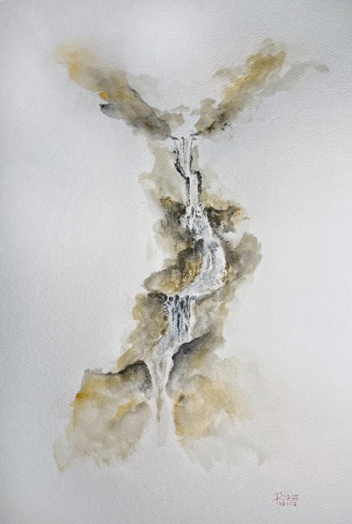 "Waterfall 1/2/25" Acrylic on 11"x17" watercolor paper - $350-Reproduction is available.