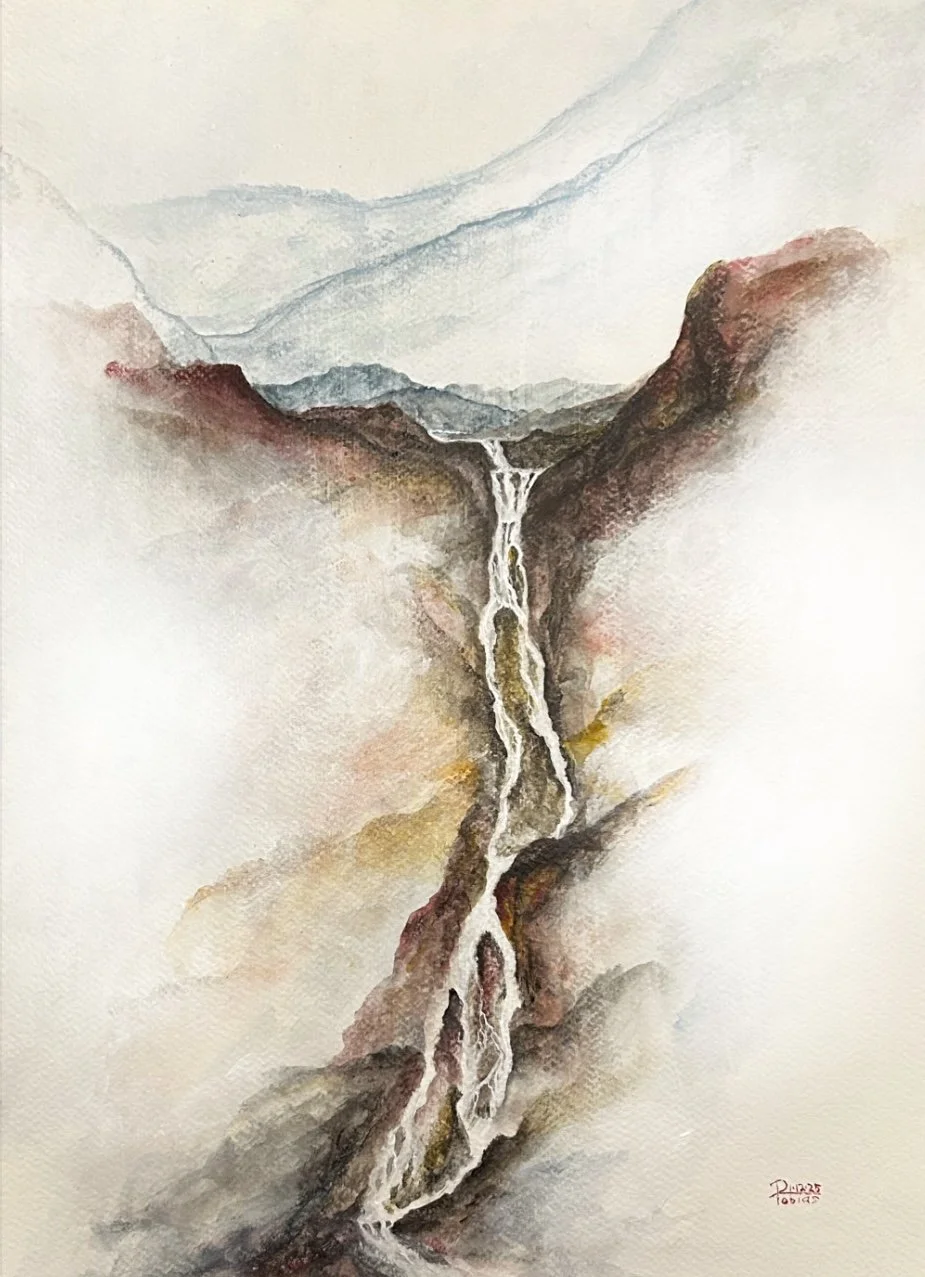 "Waterfall 1/12/25" Acrylic on 11"x17" watercolor paper - Available $350 -Reproduction is available.