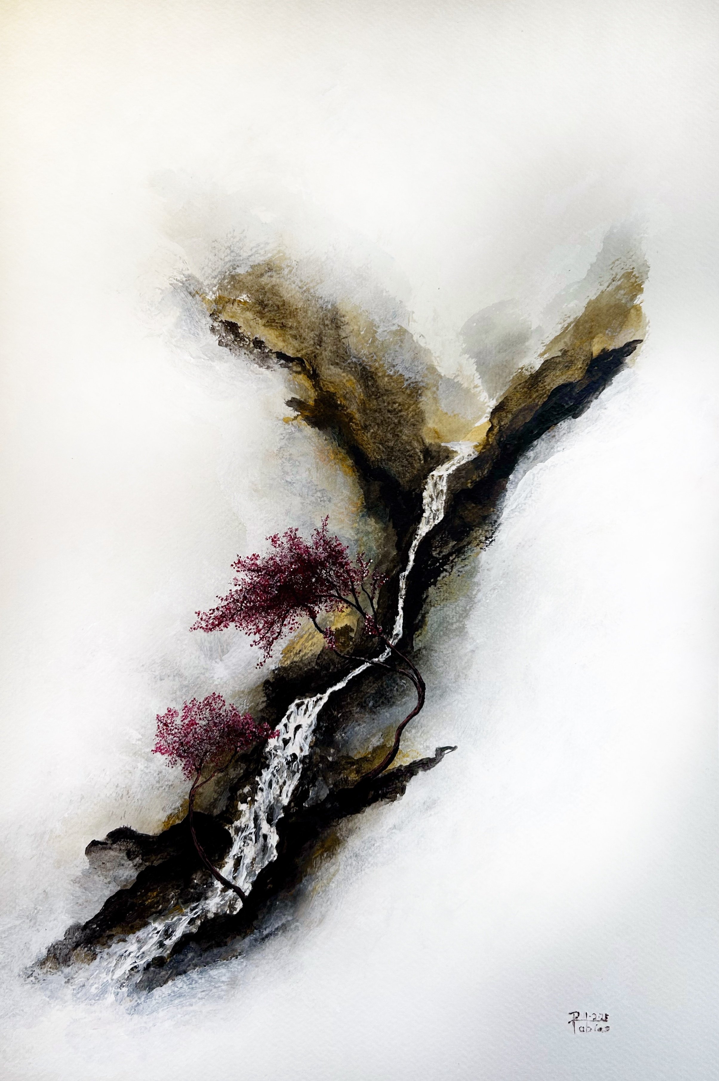 "Waterfall/Cherry Tree 1/2/25" Acrylic on 11"x17" watercolor paper - $350-Reproduction is available.