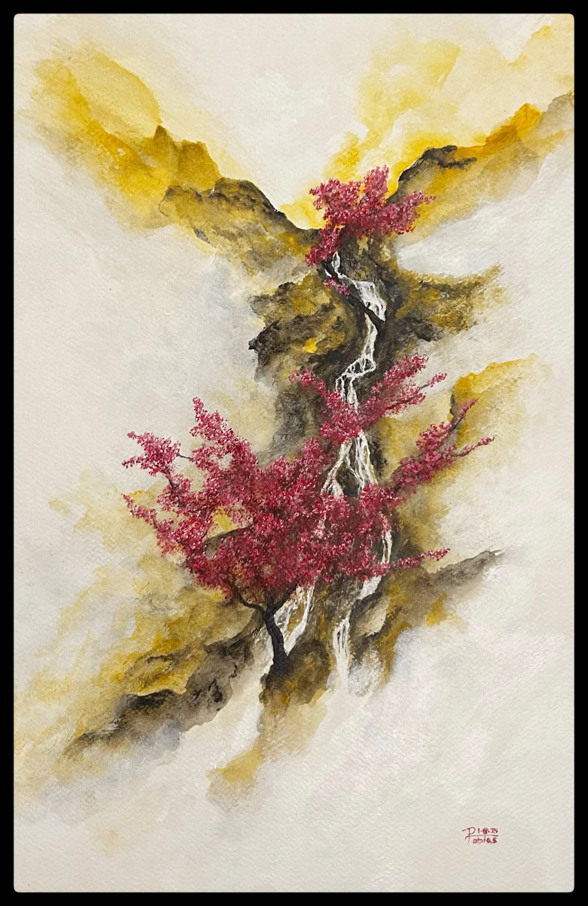 "Sakura Waterfall 010825" Acrylic on 11"x17" watercolor paper - $350