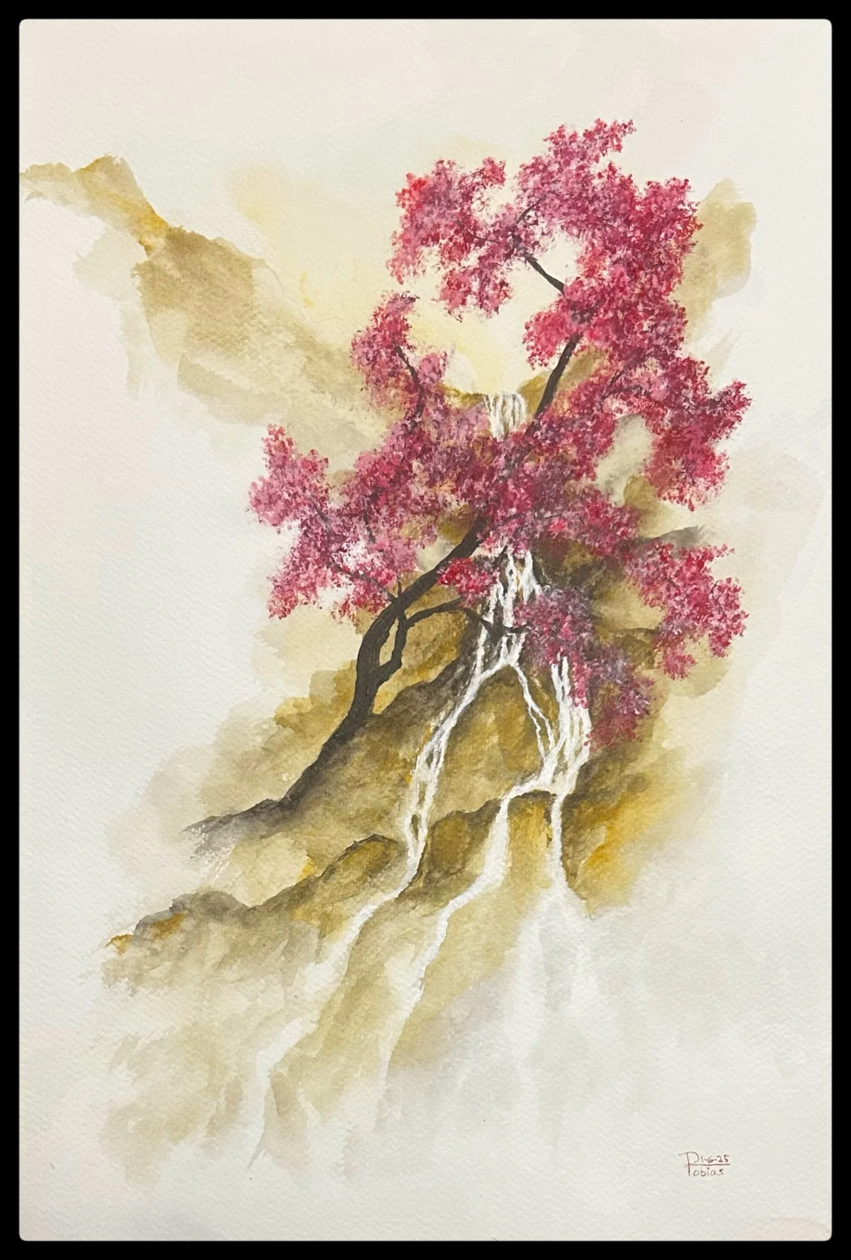 "Sakura Waterfall 010625" Acrylic on 11"x17" watercolor paper - $350