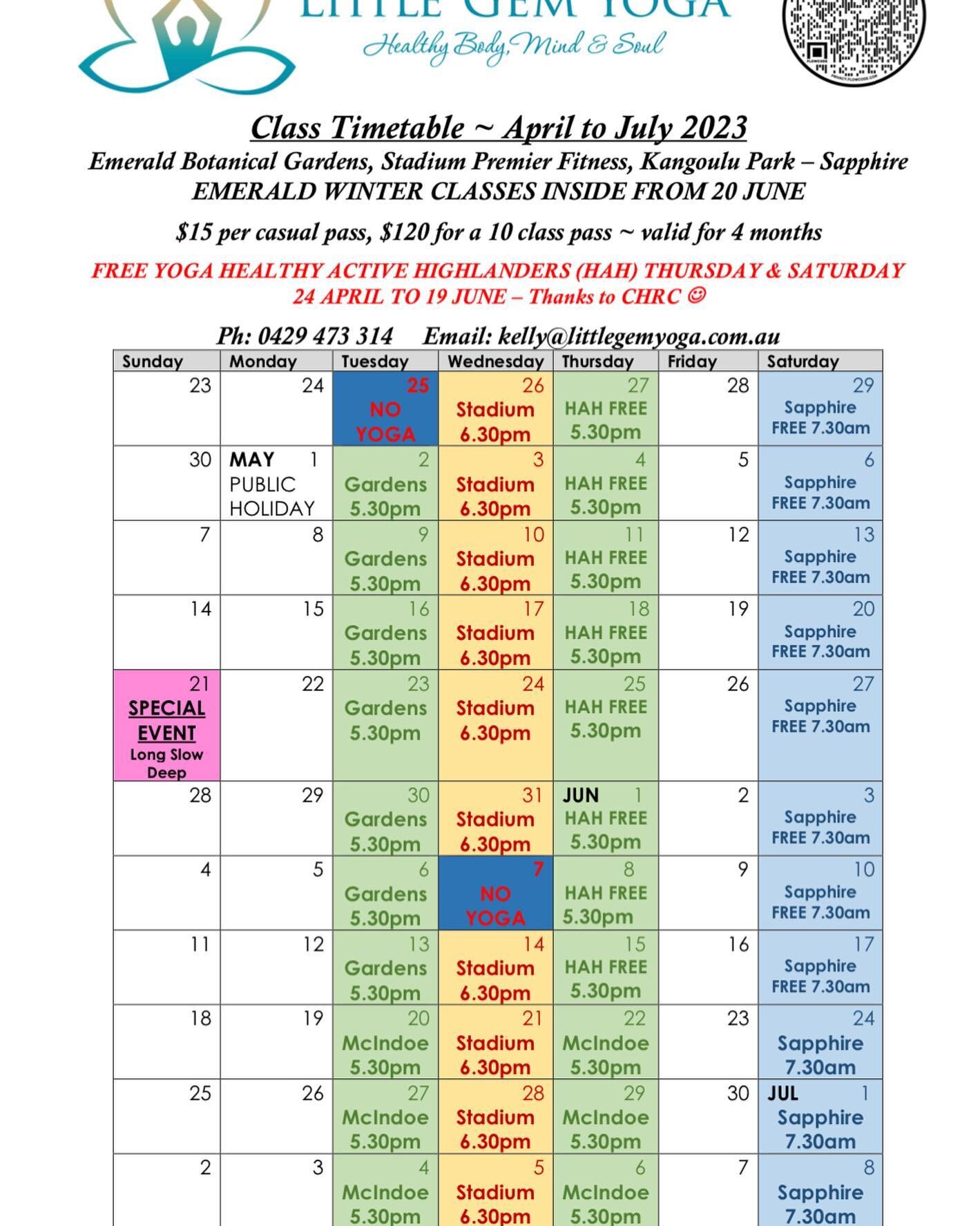 Updated timetable for April to July. I am on the program for FREE YOGA thanks to the @chrcouncil #hah2023 every Thursday &amp; Saturday class for 8 weeks starting 24 April to 18 June at the Emerald Botanical Gardens near the big windmill off Rifle Ra