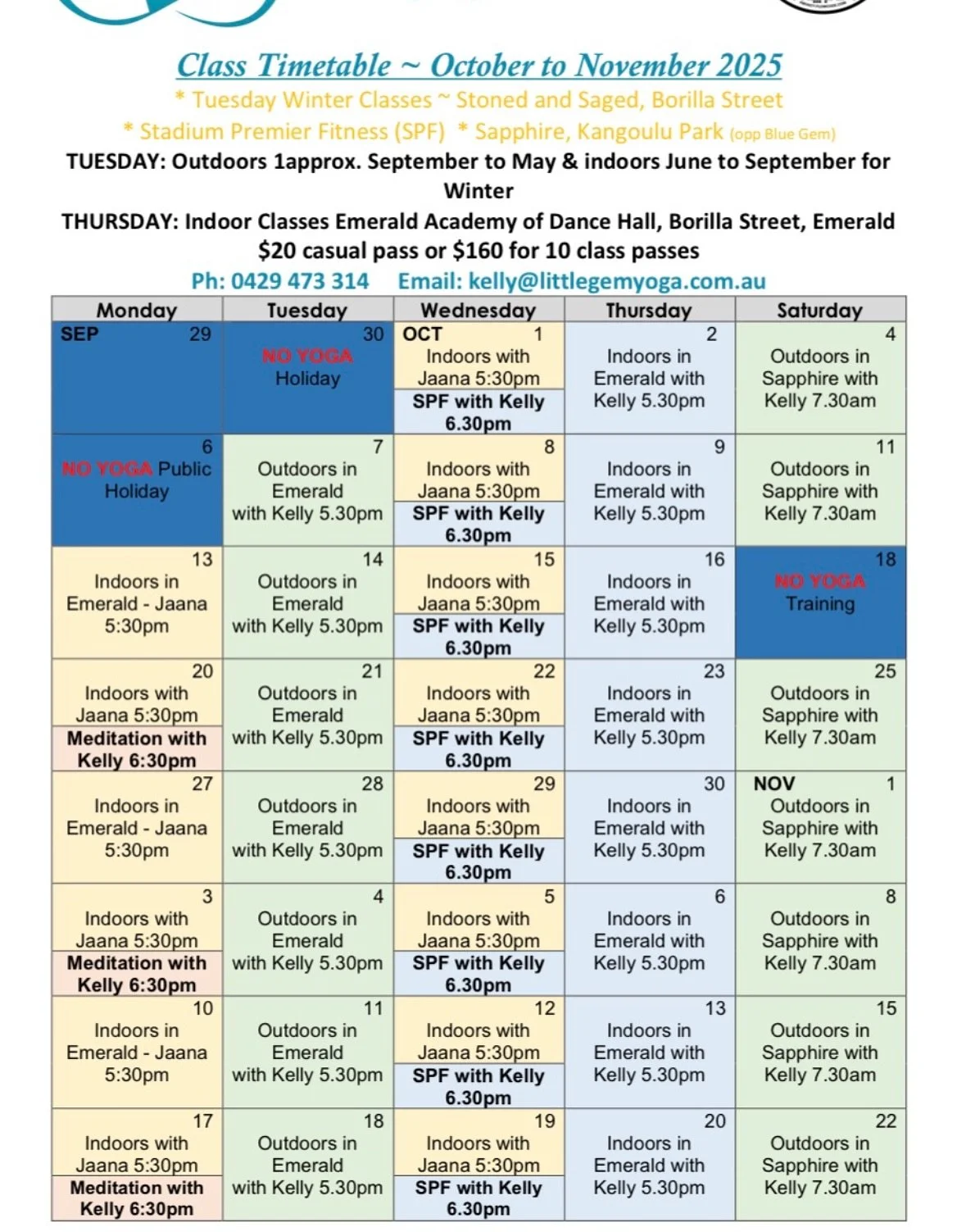 Here we are midway through October &amp; I am just getting the updated calendar out to you!

There are so many classes to choose from!

Jaana @aware_yoga_and_ayurveda is teaching an indoor class 5:30pm Mondays &amp; Wednesdays @stonedandsaged and I a