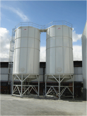2 x 250 Cubic Metre (200 Tonne) Stucco Silos&nbsp;with load cells and aeration Vase, located at the new C.S.R. Gyprock Plant at Yarraville.
