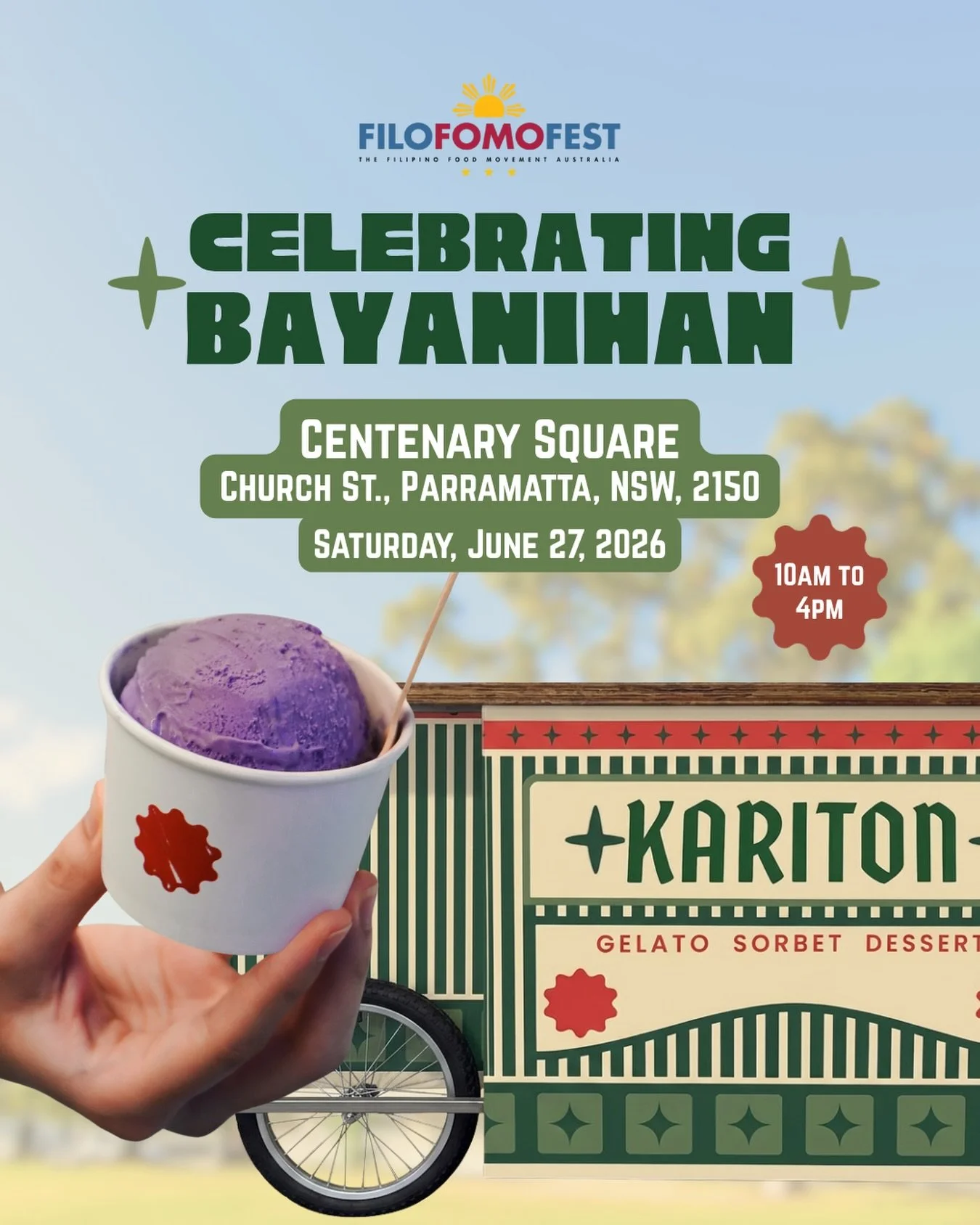 FiloFOMOFest is BACK and we&rsquo;re celebrating Bayanihan the best way we know how, good food, good people, and Kariton&rsquo;s legendary gelato.

Don&rsquo;t be the only one who misses it,  June 27 at Centenary Square, Parramatta.