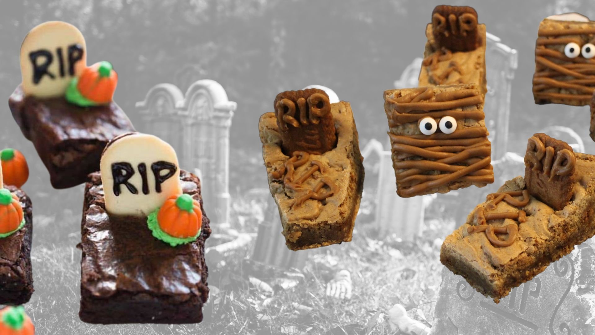 Try to make these vegan halloween brownies and blondies by adding macabre headstones to make a creepy scene.