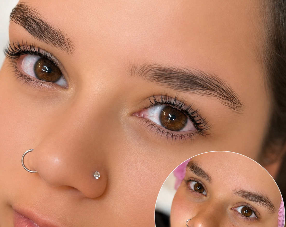 Close-up of a person with brown eyes, well-groomed eyebrows, and a small nose piercing, with a smaller inset showing a different person's face with similar features.