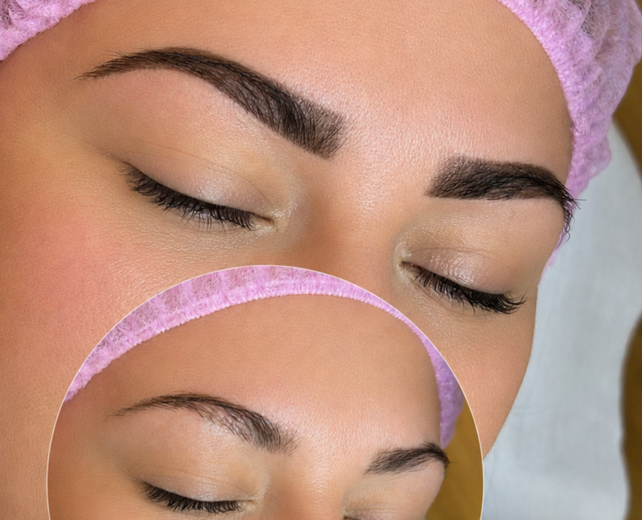 A woman with closed eyes, wearing a pink hair cap, appears to be receiving a facial treatment. There is a circular magnification inset highlighting close-up details of her face, showing her smooth skin and well-groomed eyebrows.