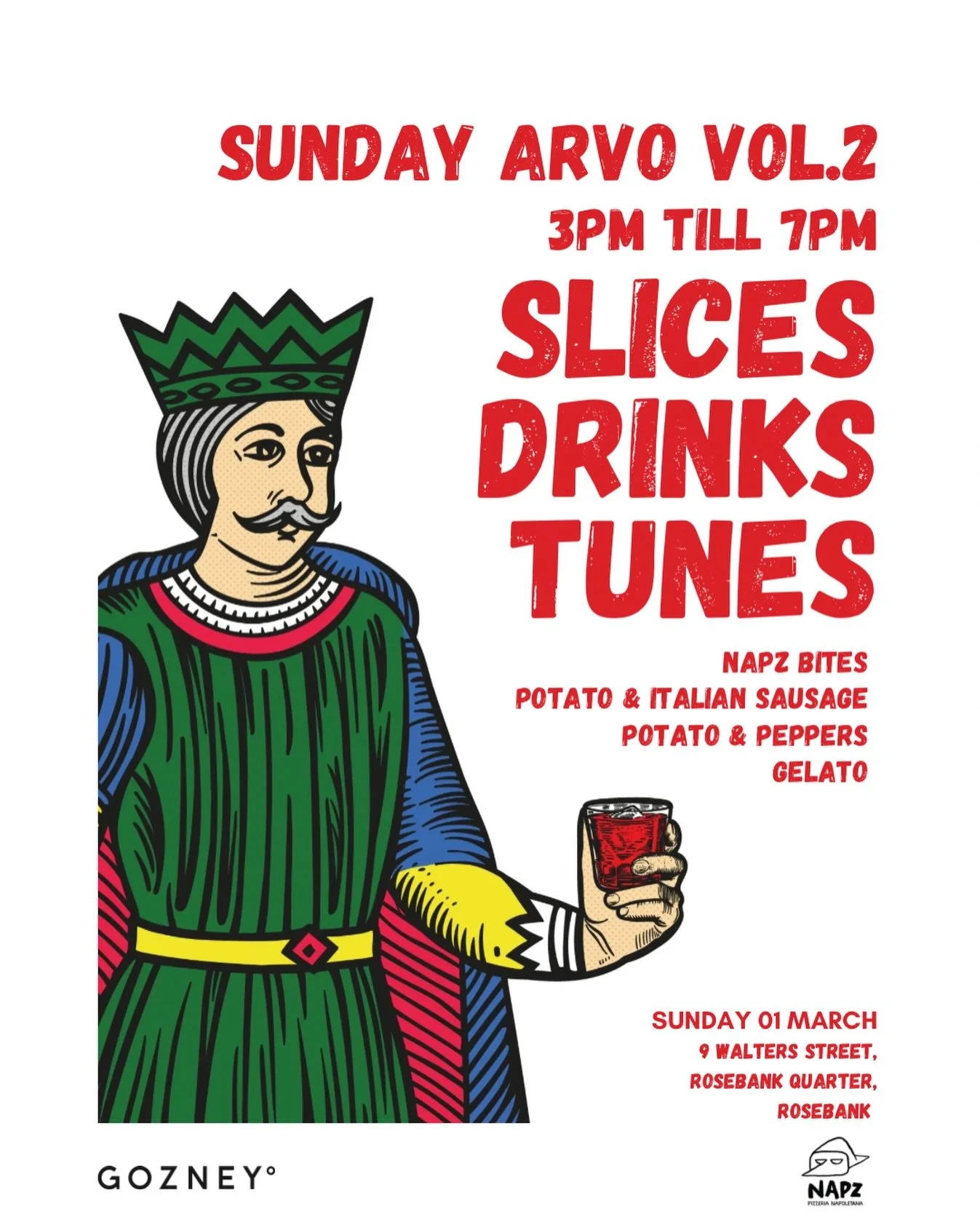 Sunday Arvo Vol. 2 🍕

3PM till 7PM.
Slices. Drinks. Tunes.

A relaxed Sunday at Napz &mdash; pizza served by the slice, light music in the background, good people, good drinks, and no rush.

Appetisers
Imported Sori fior di latte wrapped in prosciut