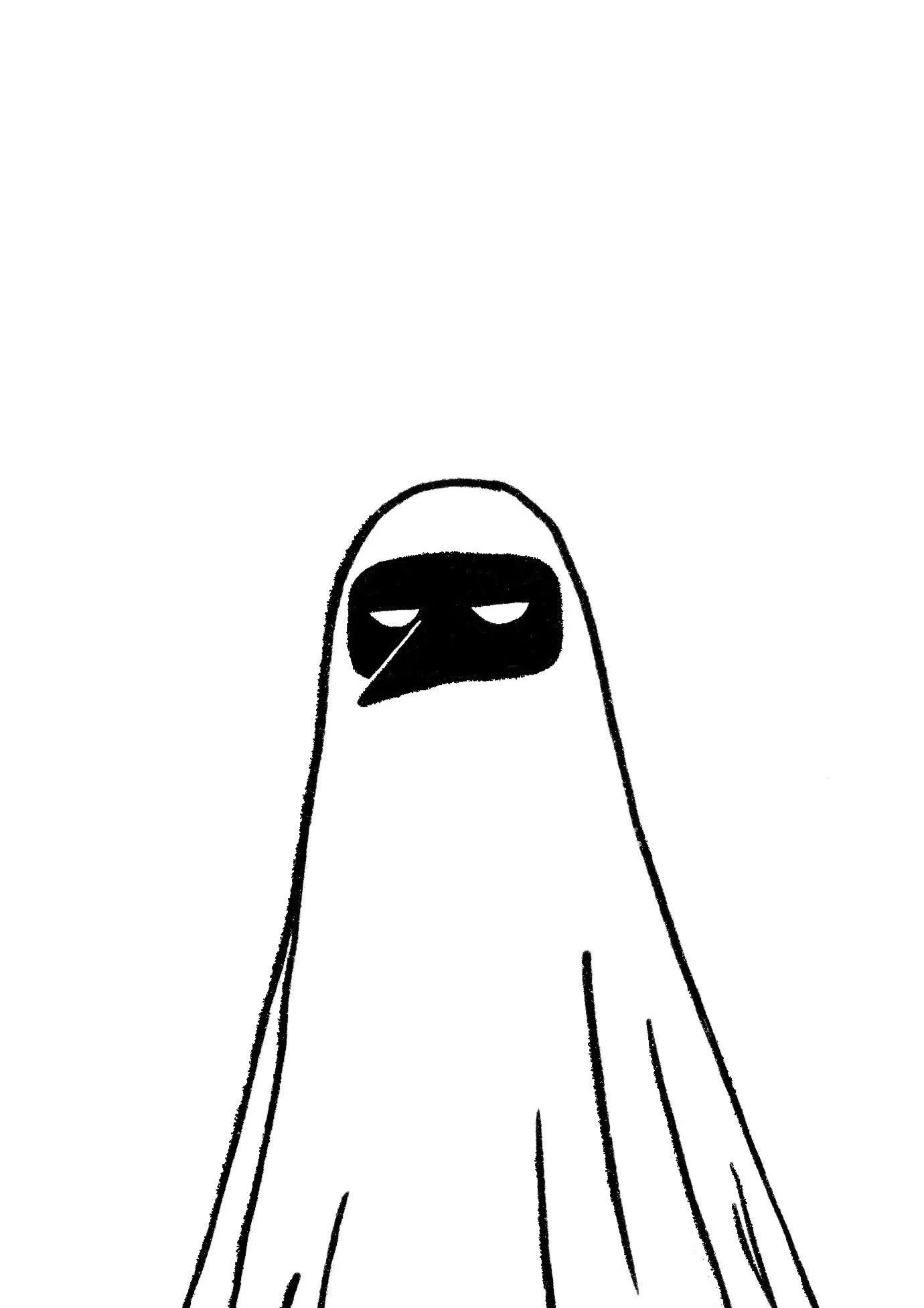 A minimalist black-and-white drawing of a cloaked figure with a black mask and a beak-like nose.