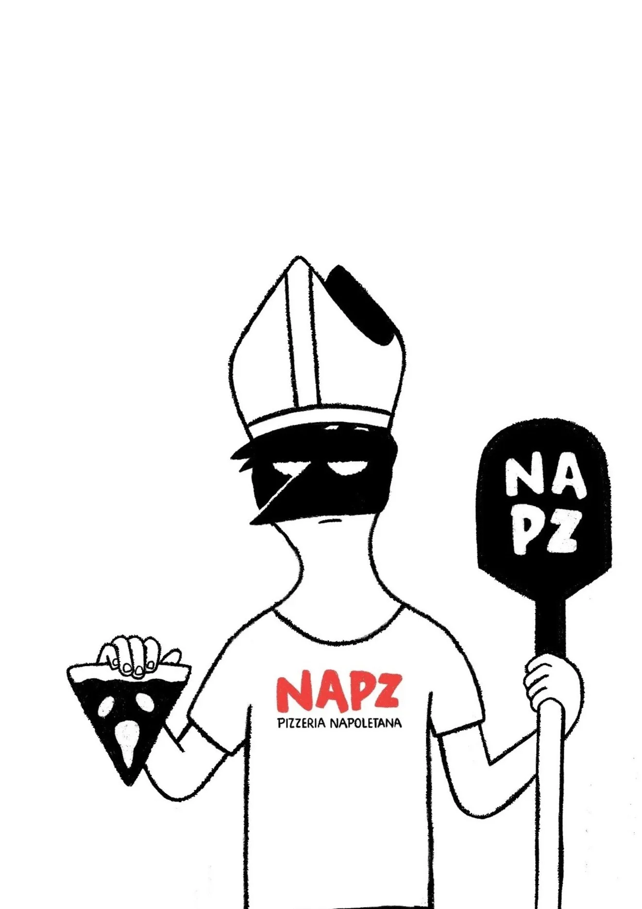An illustration of a person wearing a cap and a mask, holding a slice of pizza in one hand and a sign with 'NAPZ' on it in the other. The person is wearing a t-shirt with the words 'NAPZ Pizzeria Napoletana' on it.