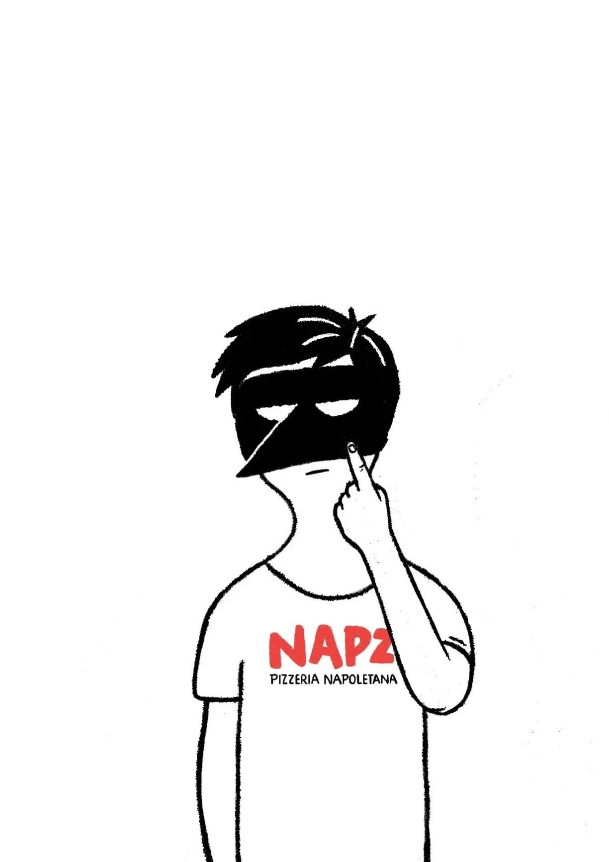 Black and white illustration of a person with messy hair, wearing a T-shirt that says 'NAP' in red and 'Pizzeria Napoletana' underneath; person is making a rude gesture with middle finger and wearing a mask or sunglasses.