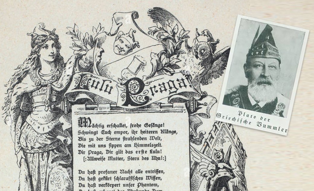 Schwarz-weiß Illustration mit dem Titel 'Ludi Cagari', einem Text in deutscher Sprache, einem Porträtfoto eines alten Mannes in uniformartiger Kleidung und einer Karte mit der Beschriftung 'Plato der Griechische Zummler'.