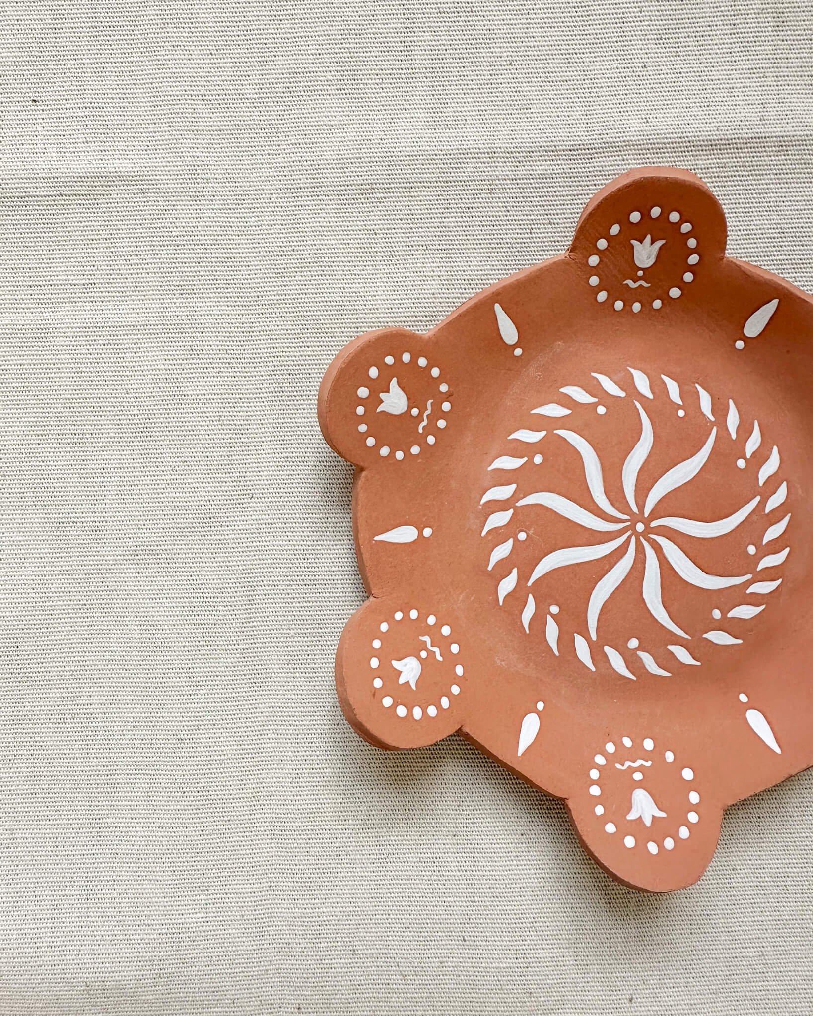Curio Collection by Zara Speke Hand Painted Round Terracotta Ceramic Trinket With White Underglaze Pattern.jpg
