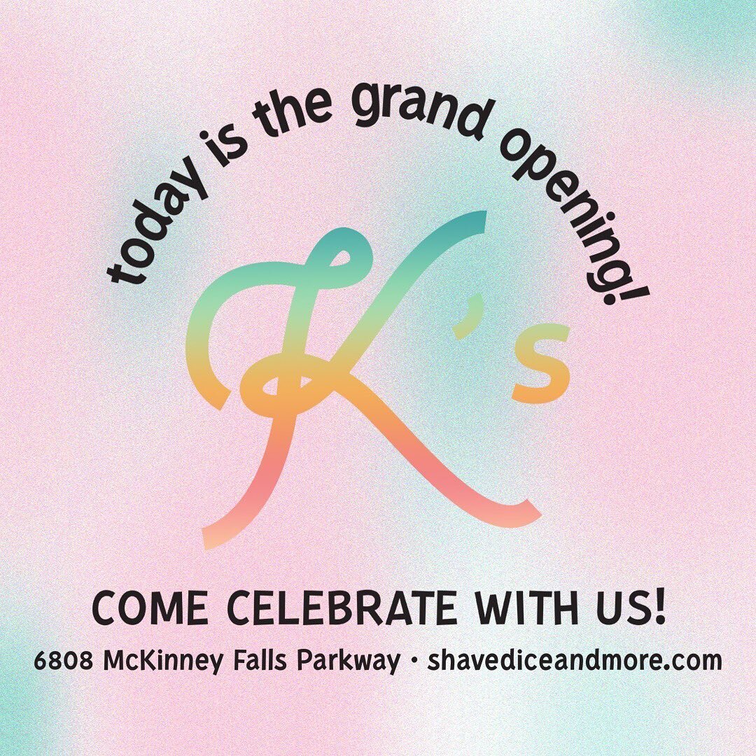 TODAY IS THE DAY ✨
K&rsquo;s Shaved Ice &amp; More is officially open! Come join us in this adventure anytime from 12 pm - 7 pm!

We&rsquo;re offering FREE small shaved ice from 1:00 pm - 3:00 pm!&nbsp;&nbsp;Pick any one of K&rsquo;s All Time Faves&n