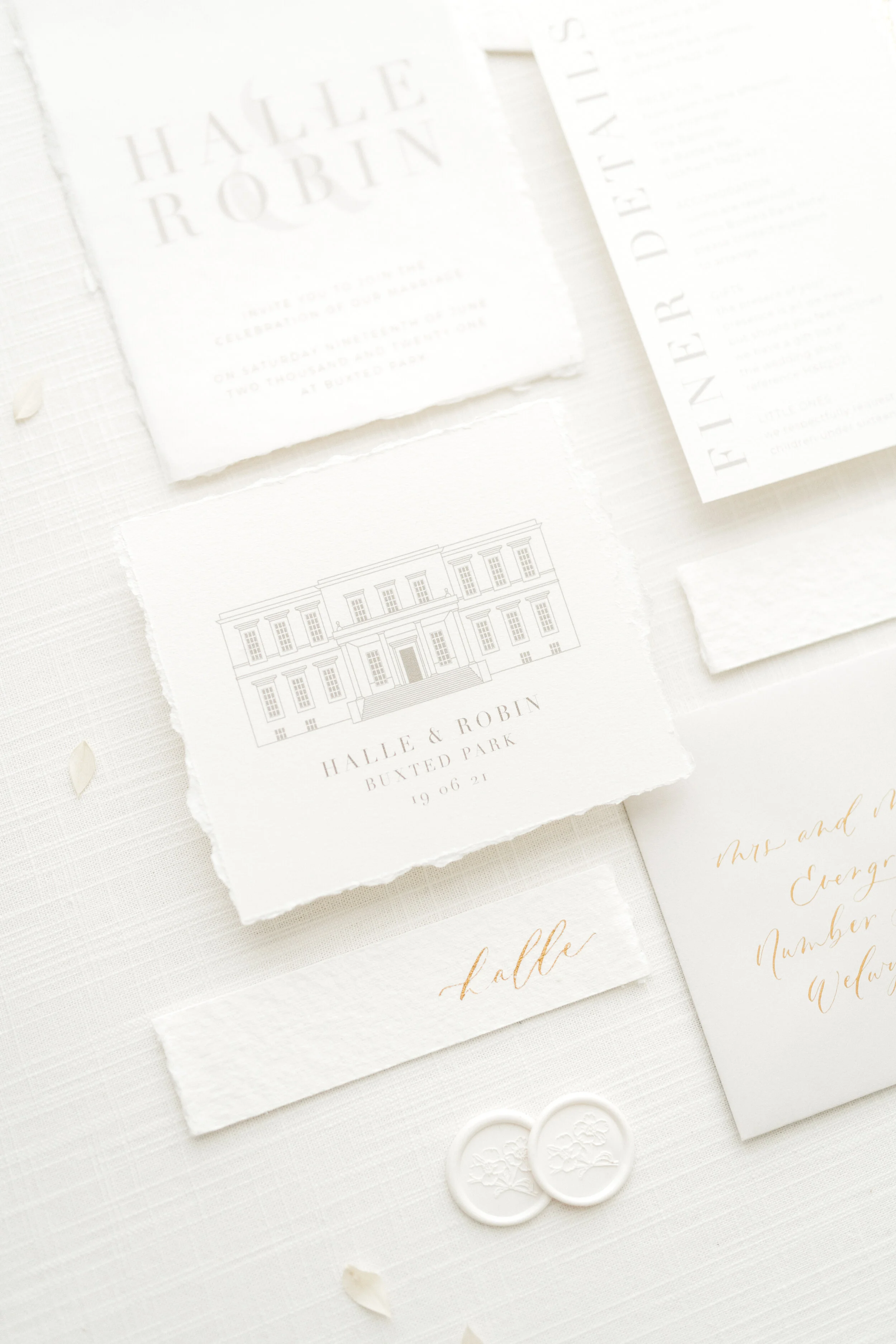 featured: a bespoke wedding invitation suite on vellum and handmade paper, with a custom venue illustration of buxted park