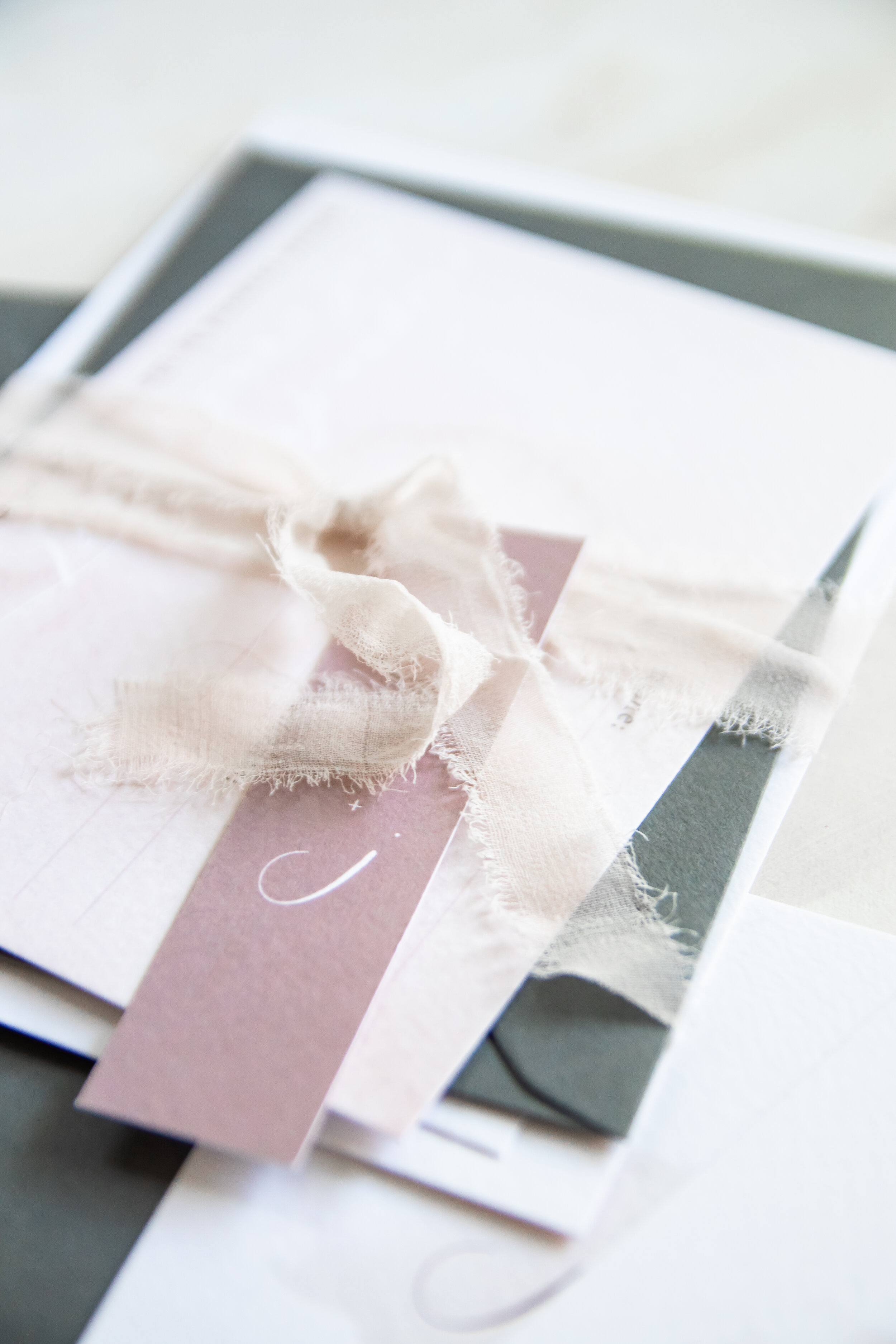 dusty pink and grey wedding invitation with organic silk ribbon tie.jpg