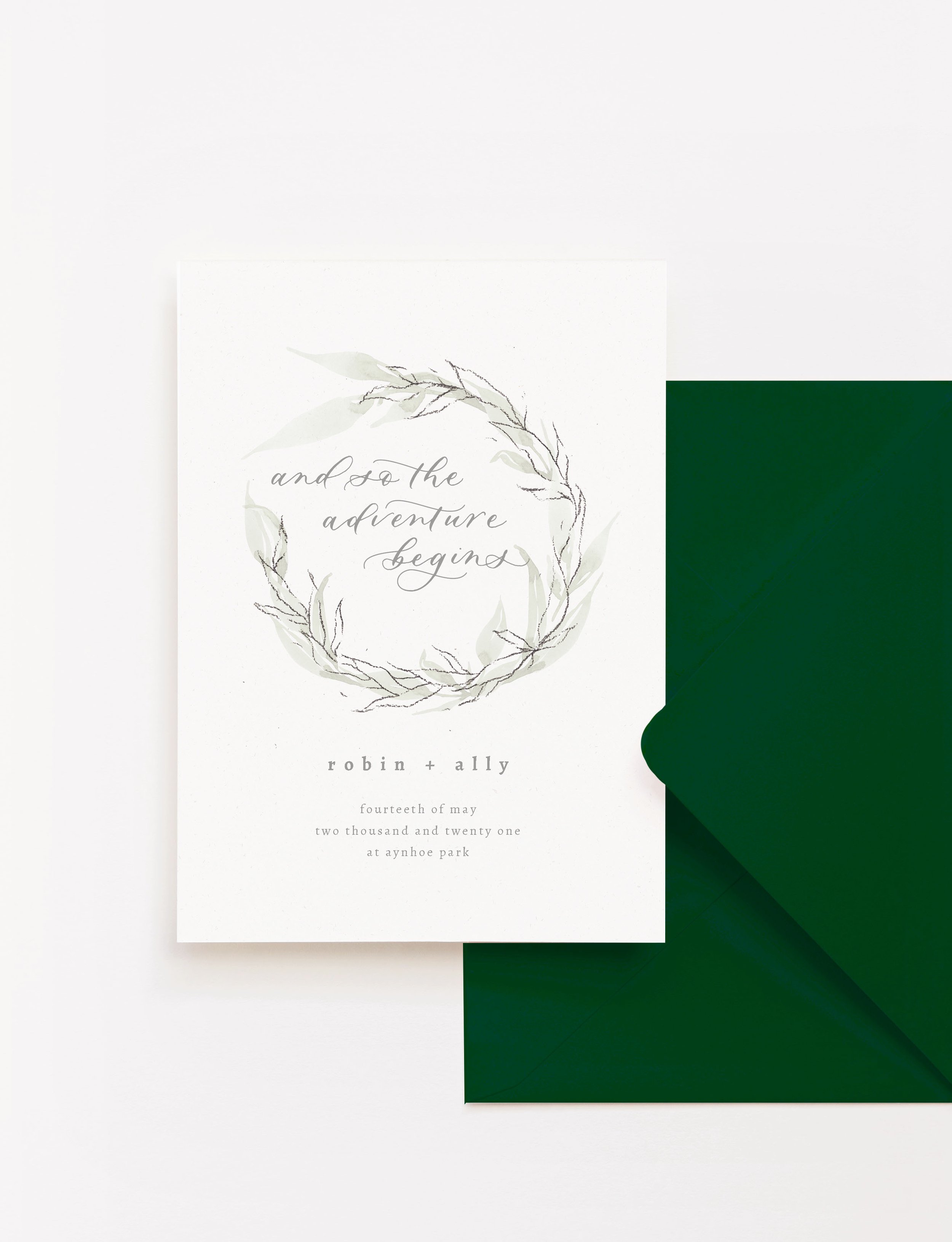 Dark Green Wedding Invitation with Delicate Watercolour Sketch Wreath.jpg