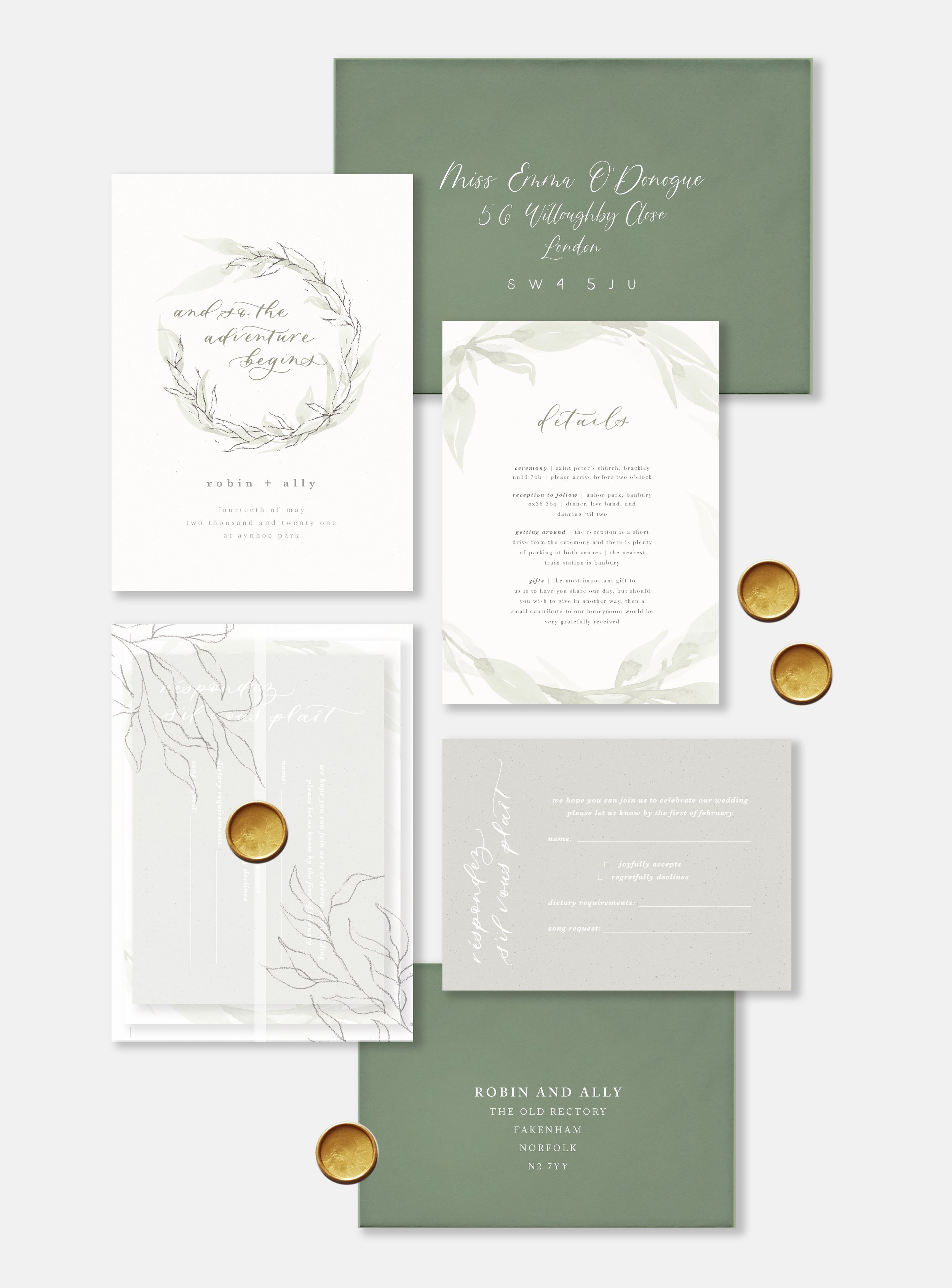 SAGE Green Wedding Invitation with Vellum Wrap and Gold Wax Seal.jpg
