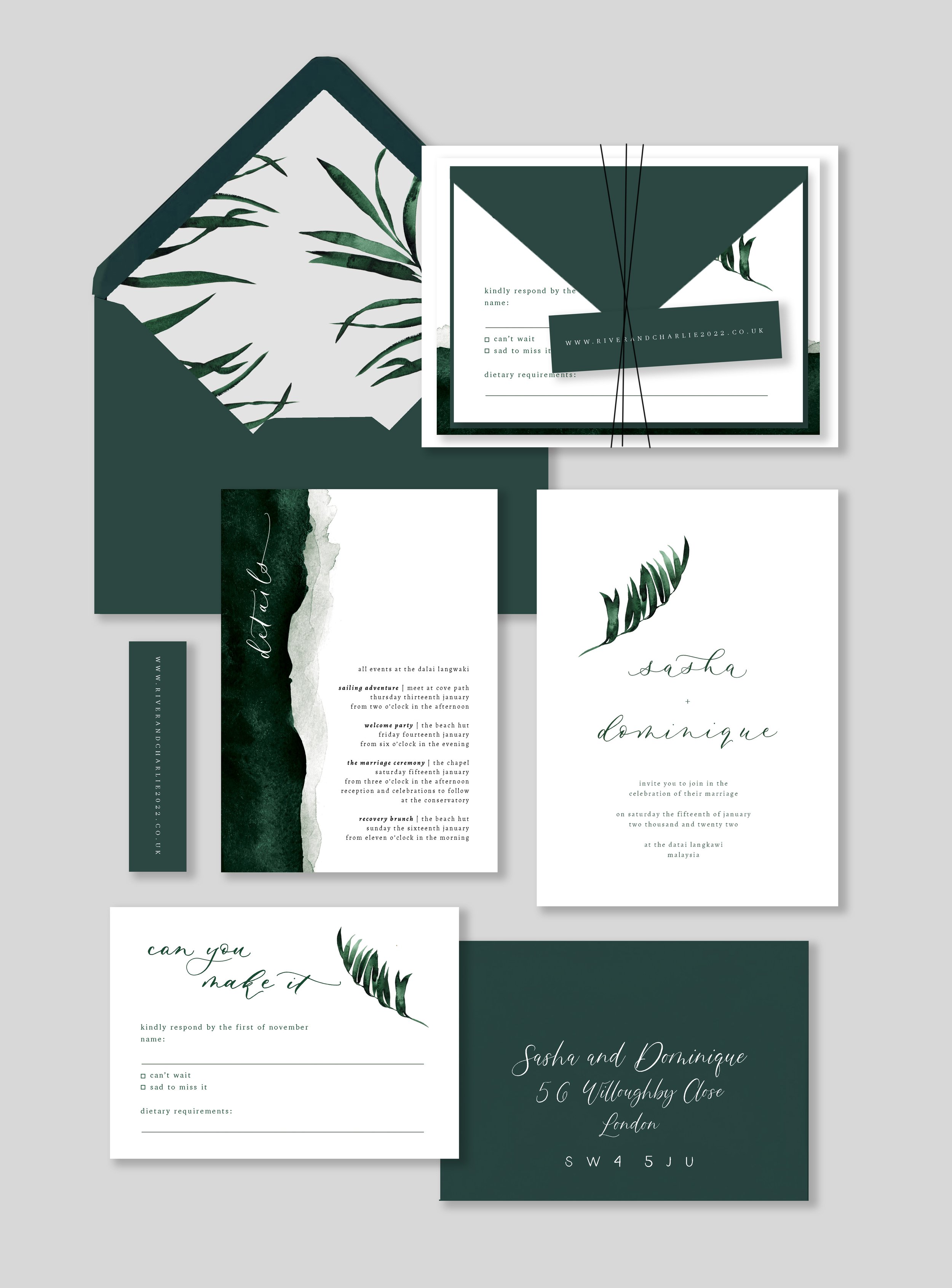 Dark Green Wedding Invitation Drak Green Palm Leaves Thread Website Tag Envelope Liner.jpg