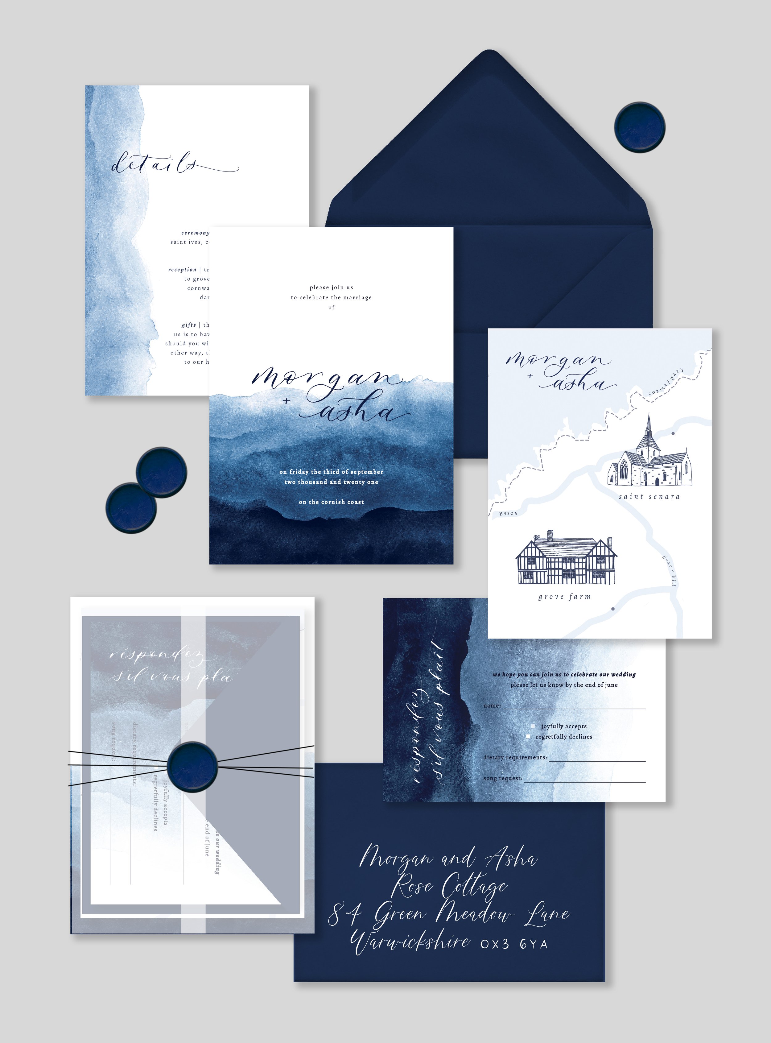 Dark Blue Wedding Invitation Navy Ocean Watercolour Invites with Thread Wax Seal and Vellum Wrap.jpg