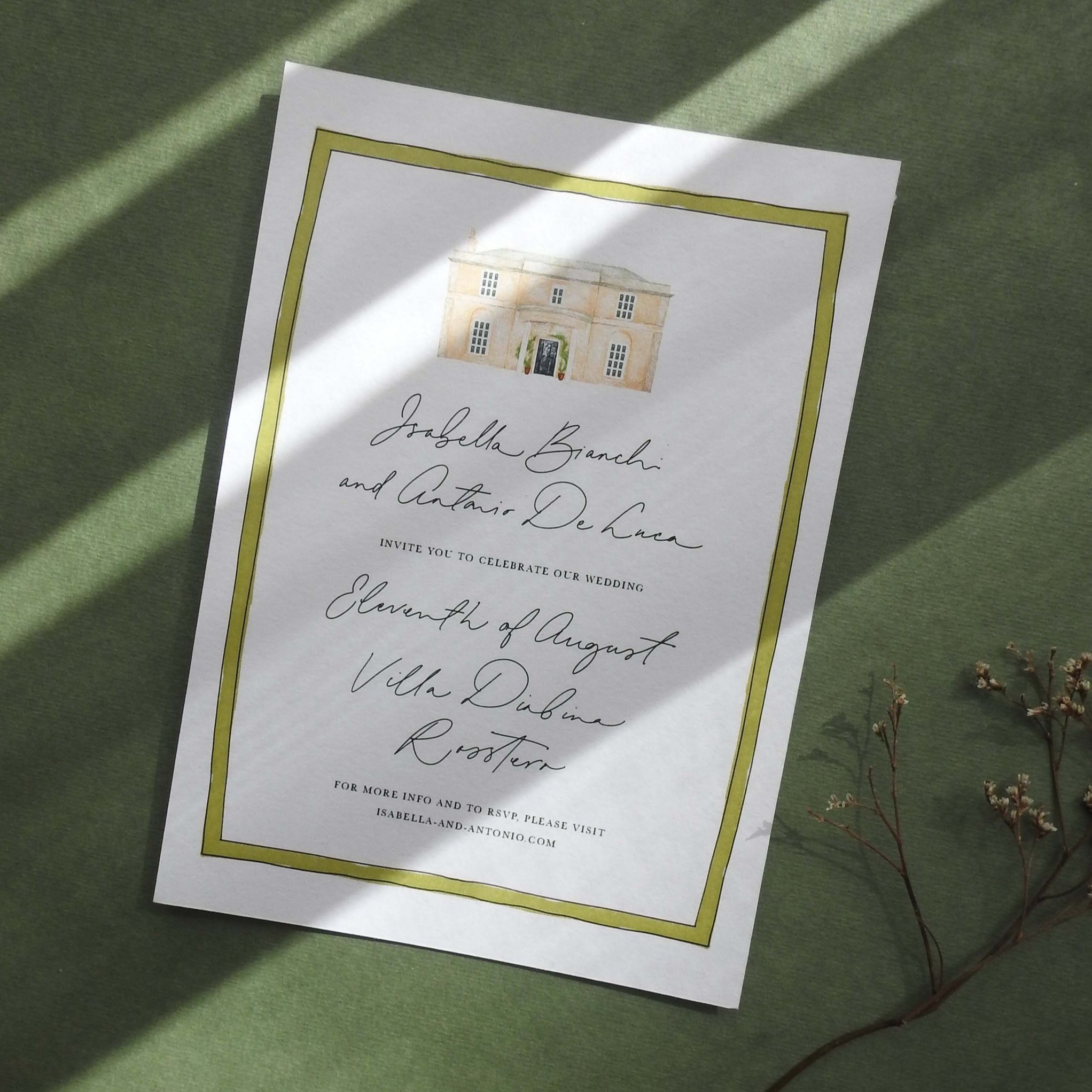 Wedding Invitation with bespoke venue illustration