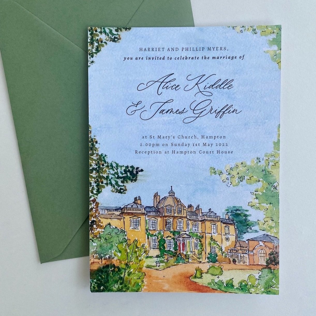 Invitation with illustrated wedding venue 