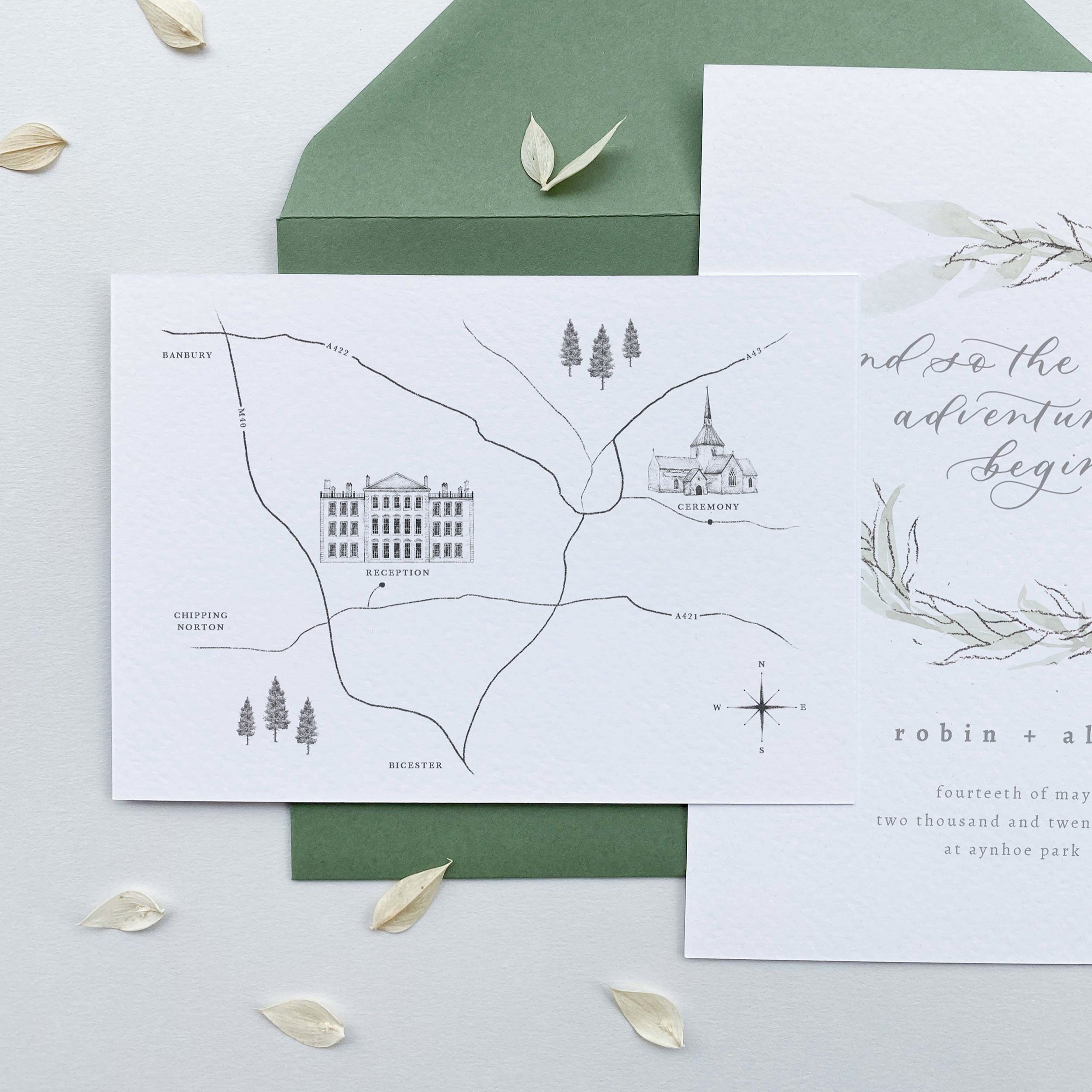 Sage green invitation suite with illustrated map