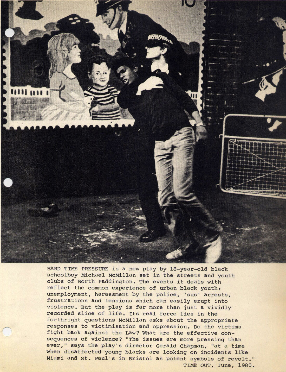 L to R: Junior Green, David Bland 'PC 'Bubble'. Extract from 'Pressure in Chelsea', Malcolm Hay, Time Out, June 1980.