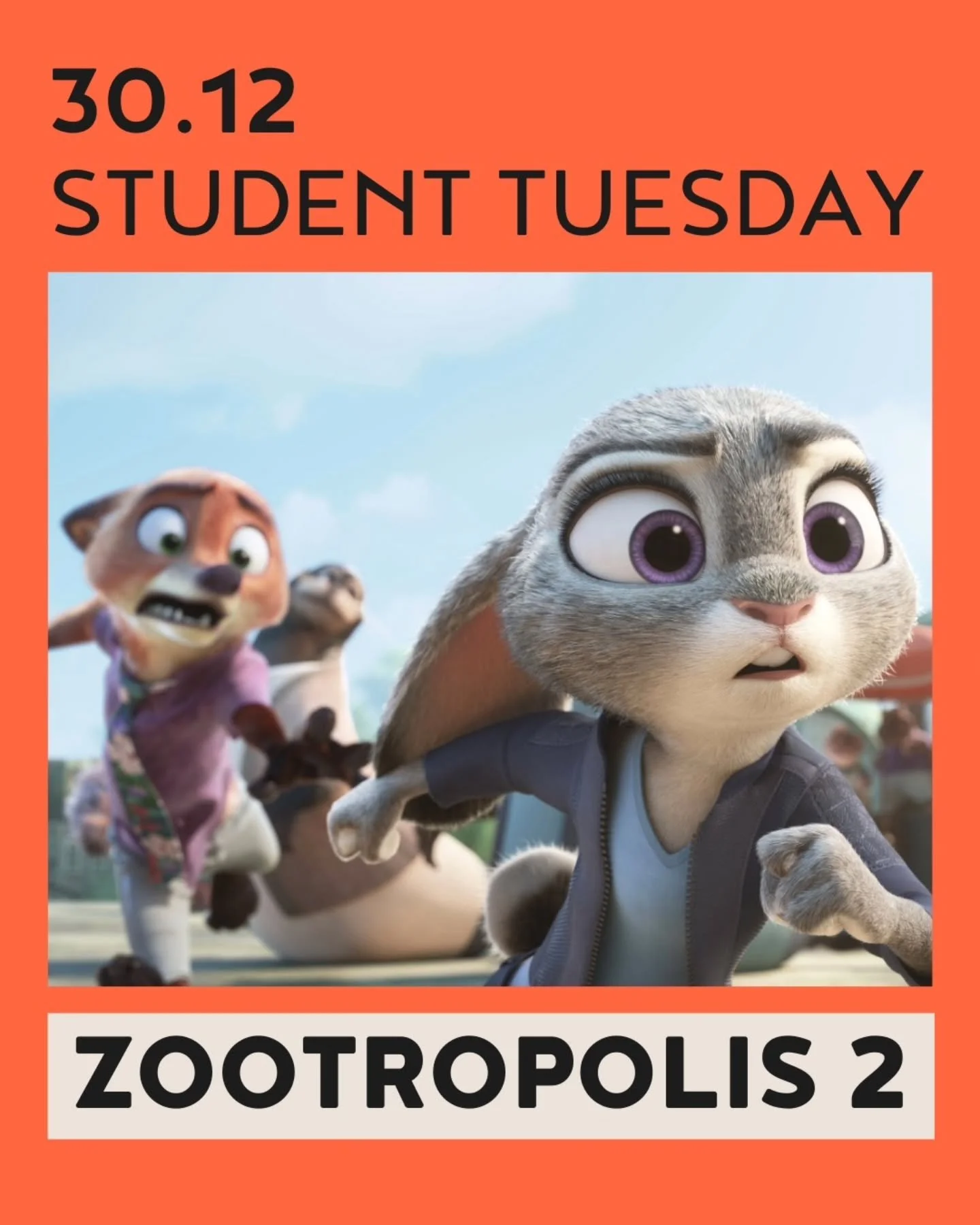 Voor de laatste Student Tuesday van 2025 staat er een beestige film op 't programma! 🐰🦊
Kom op 30 december voor maar &euro;4,50 Zootropolis 2 checken bij @cinemalumierebrugge, tickets via app.studentapp.be 🎟🎬

~~~~~~~~~~~~~~~

For the final Stude