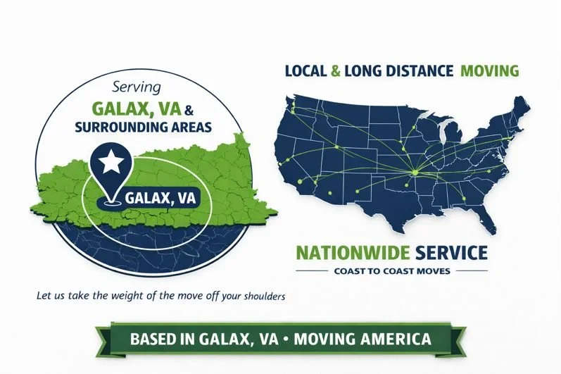 Map and graphic information about Galaxy, VA, and surrounding areas showing local and long-distance moving services across the United States, including coast-to-coast moves and nationwide service.