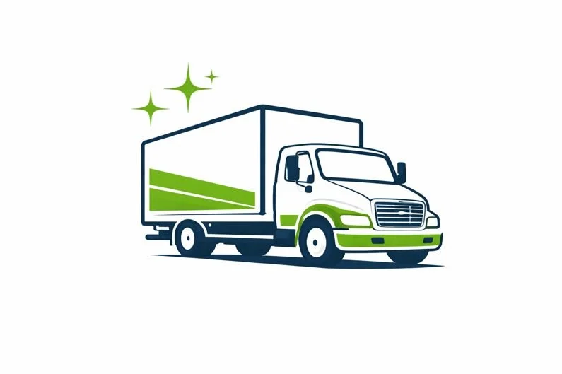 Illustration of a green and white delivery truck with sparkles above it.