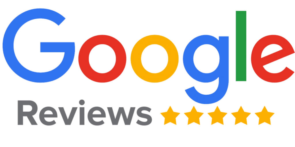 Google Reviews logo with five yellow stars underneath.