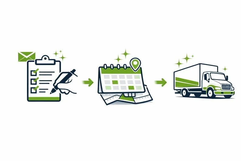 An illustration showing a shipping process: a clipboard with a checklist and a pen, then a calendar with a location pin, and finally a delivery truck.