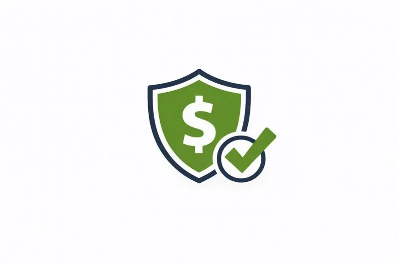 A green shield with a white dollar sign and a checkmark in a circle, symbolizing financial security or insurance.